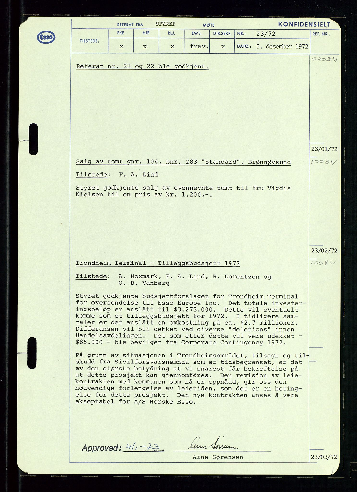 Pa 0982 - Esso Norge A/S, AV/SAST-A-100448/A/Aa/L0003/0002: Den administrerende direksjon Board minutes (styrereferater) og Bedriftforsamlingsprotokoll / Den administrerende direksjon Board minutes (styrereferater), 1970-1974, p. 97