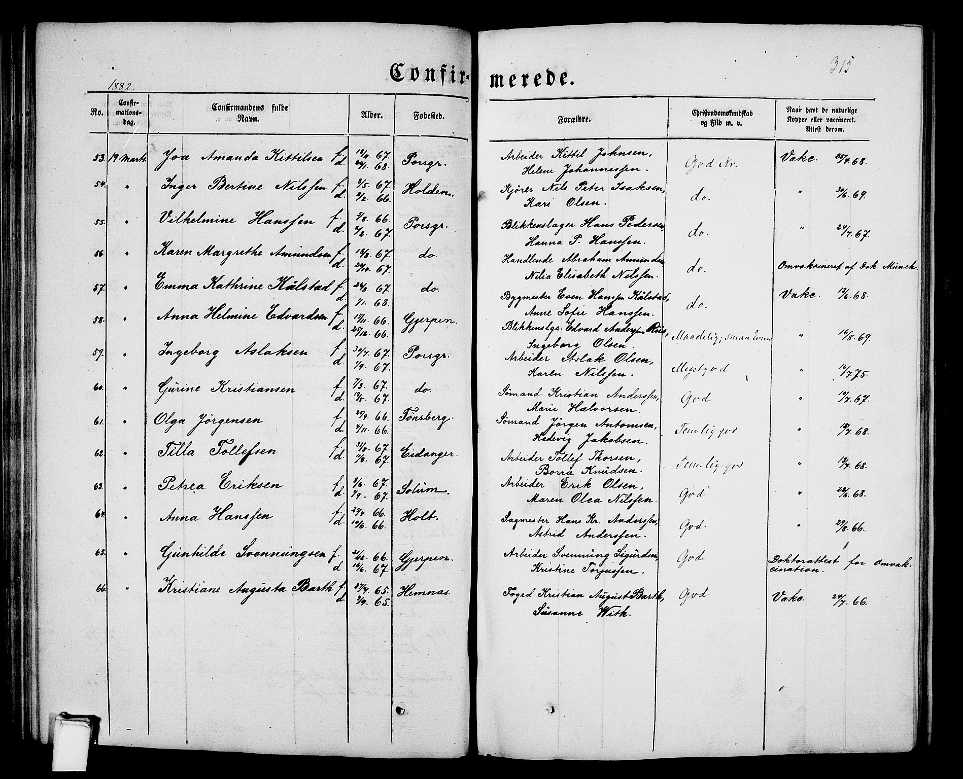 Porsgrunn kirkebøker , SAKO/A-104/G/Gb/L0004: Parish register (copy) no. II 4, 1853-1882, p. 315