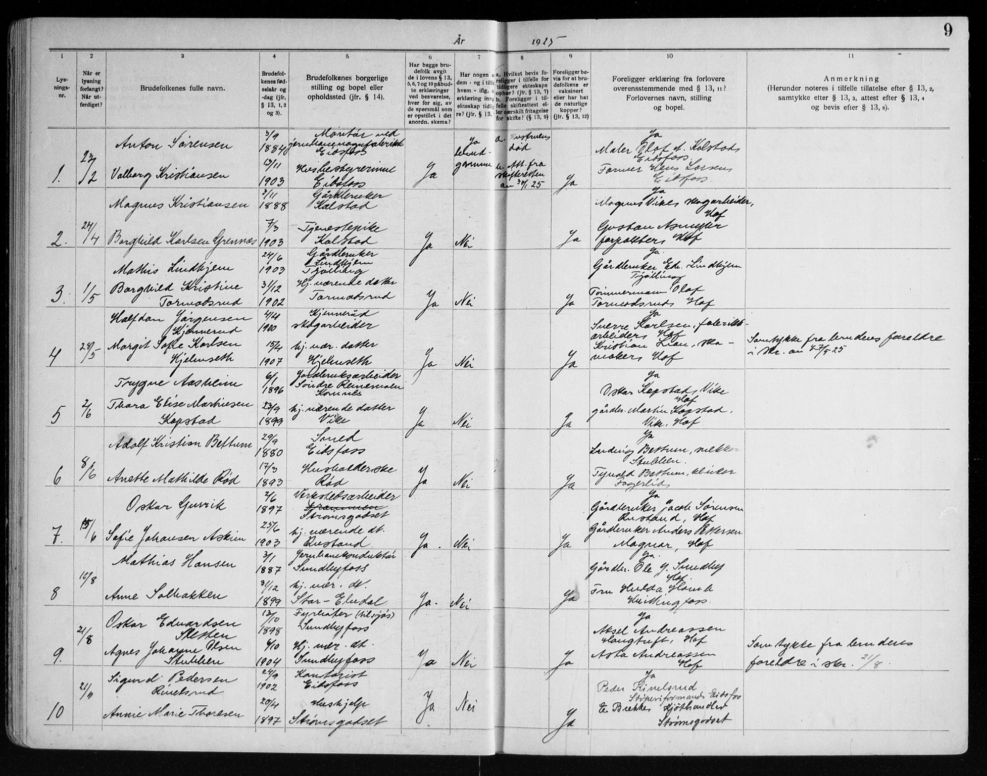 Hof kirkebøker, AV/SAKO-A-64/H/Ha/L0001: Banns register no. 1, 1919-1957, p. 9