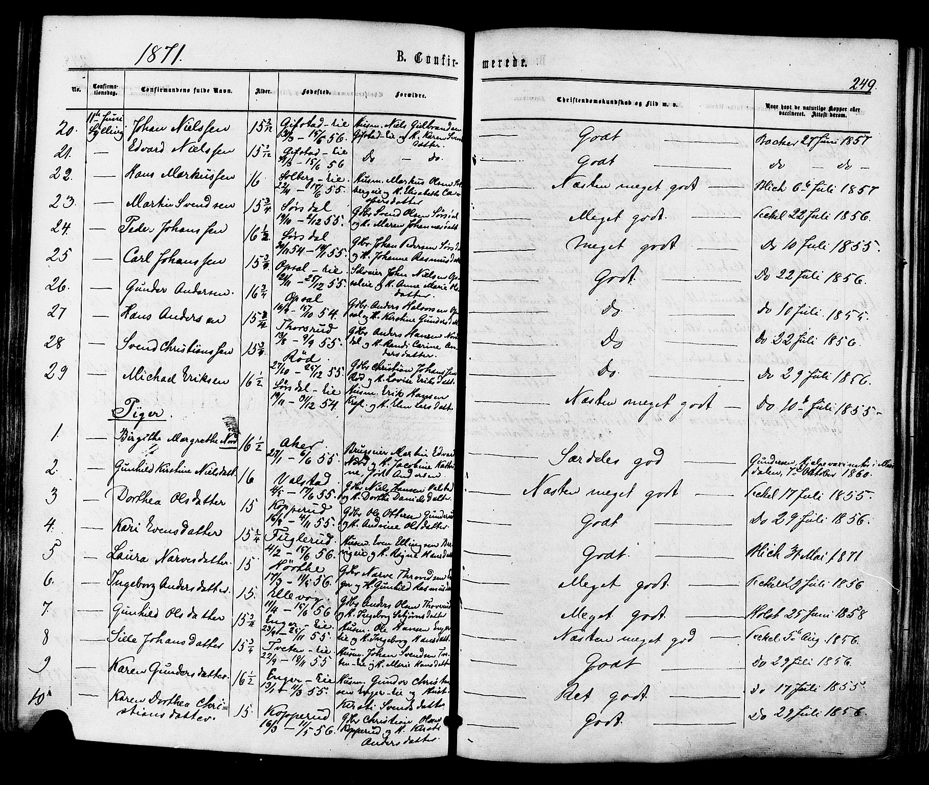 Lier kirkebøker, AV/SAKO-A-230/F/Fa/L0013: Parish register (official) no. I 13, 1865-1874, p. 249