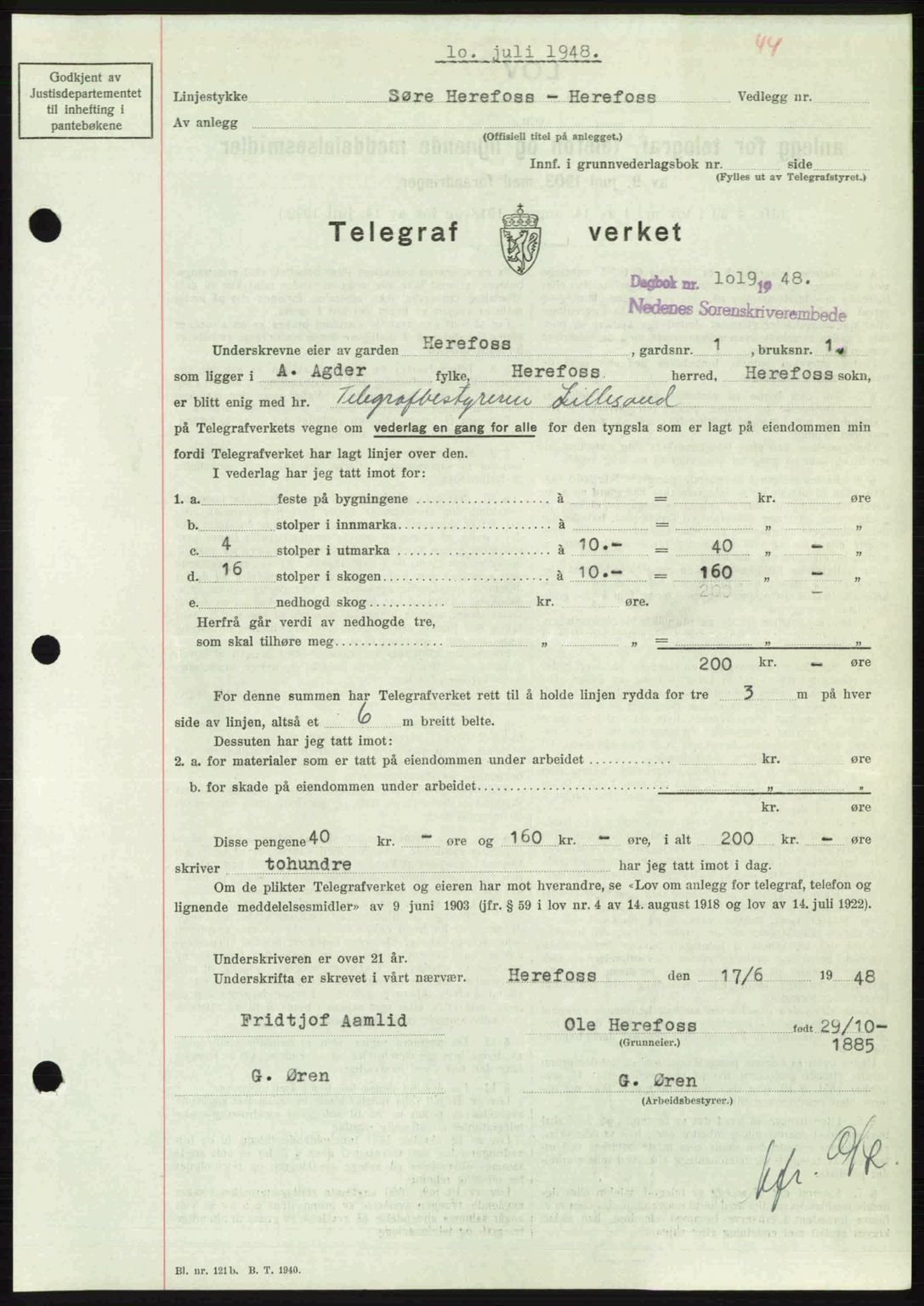 Nedenes sorenskriveri, AV/SAK-1221-0006/G/Gb/Gba/L0059: Mortgage book no. A11, 1948-1948, Diary no: : 1019/1948