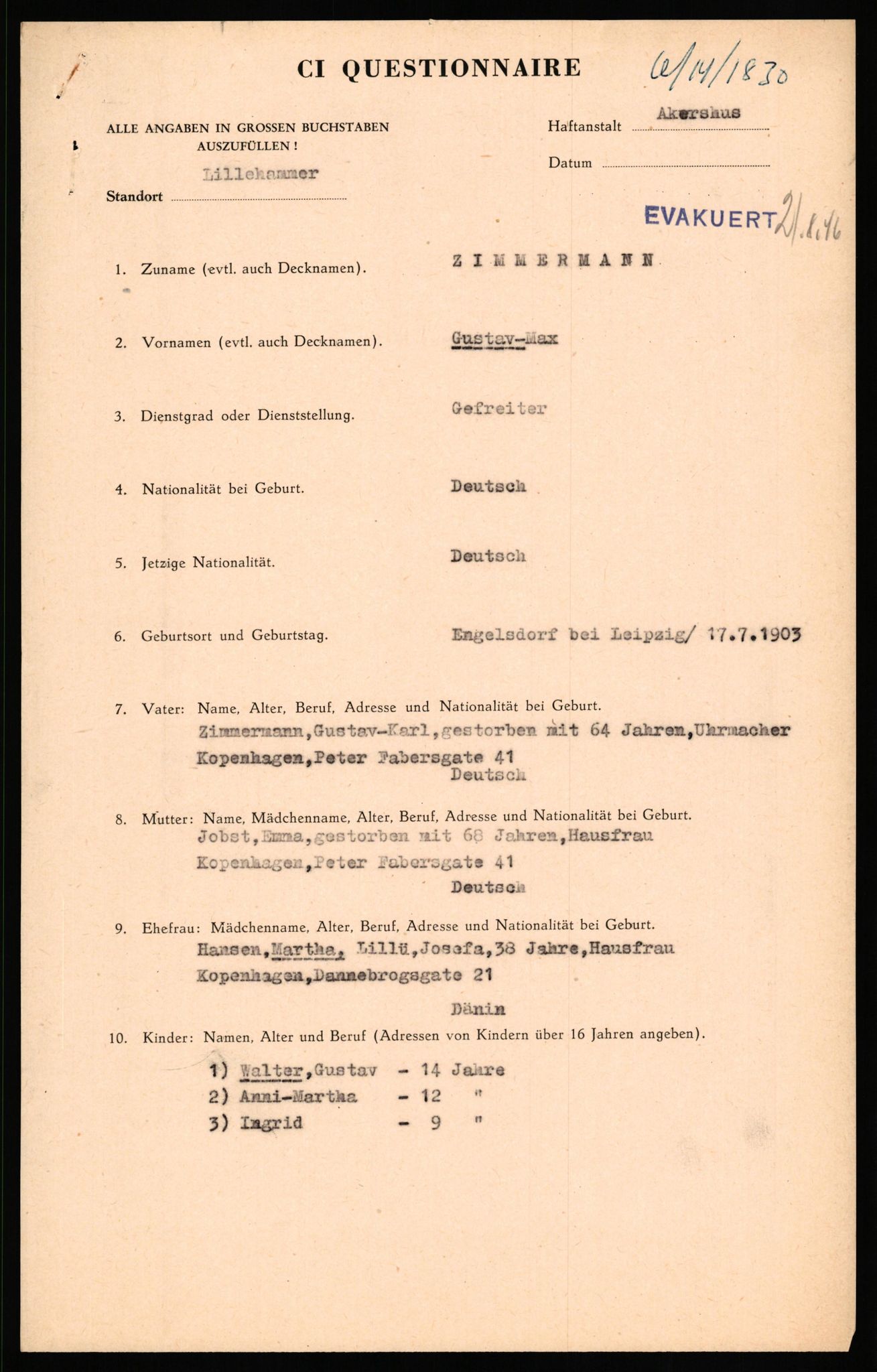 Forsvaret, Forsvarets overkommando II, AV/RA-RAFA-3915/D/Db/L0037: CI Questionaires. Tyske okkupasjonsstyrker i Norge. Tyskere., 1945-1946, p. 388