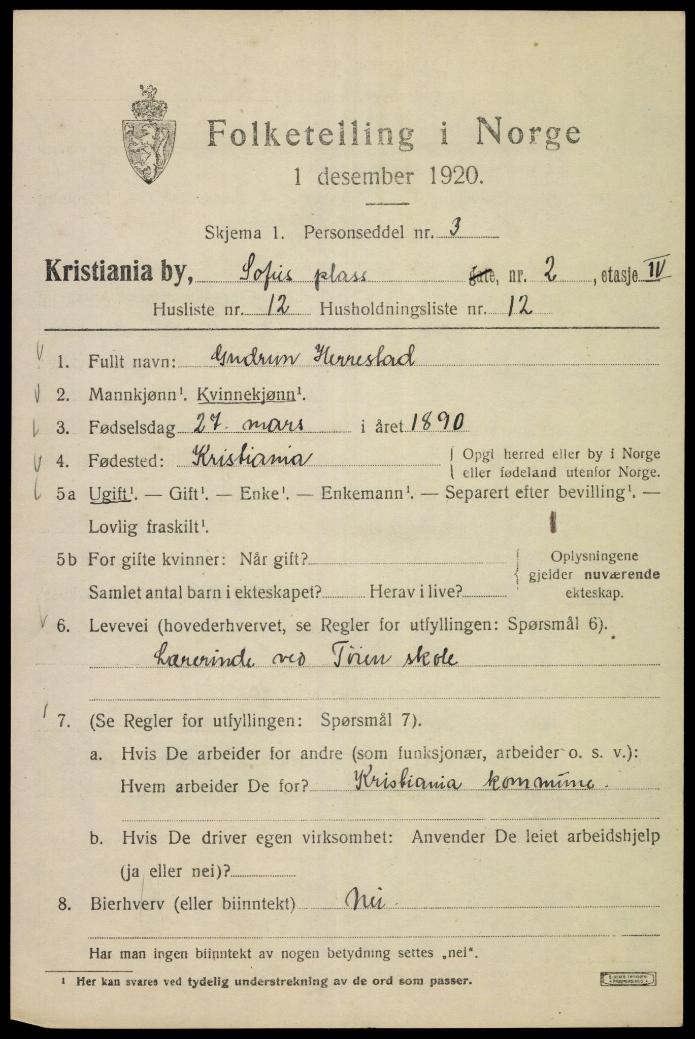 SAO, 1920 census for Kristiania, 1920, p. 527001