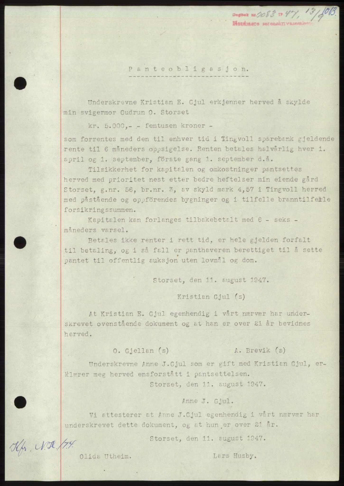 Nordmøre sorenskriveri, AV/SAT-A-4132/1/2/2Ca: Mortgage book no. B96, 1947-1947, Diary no: : 2083/1947