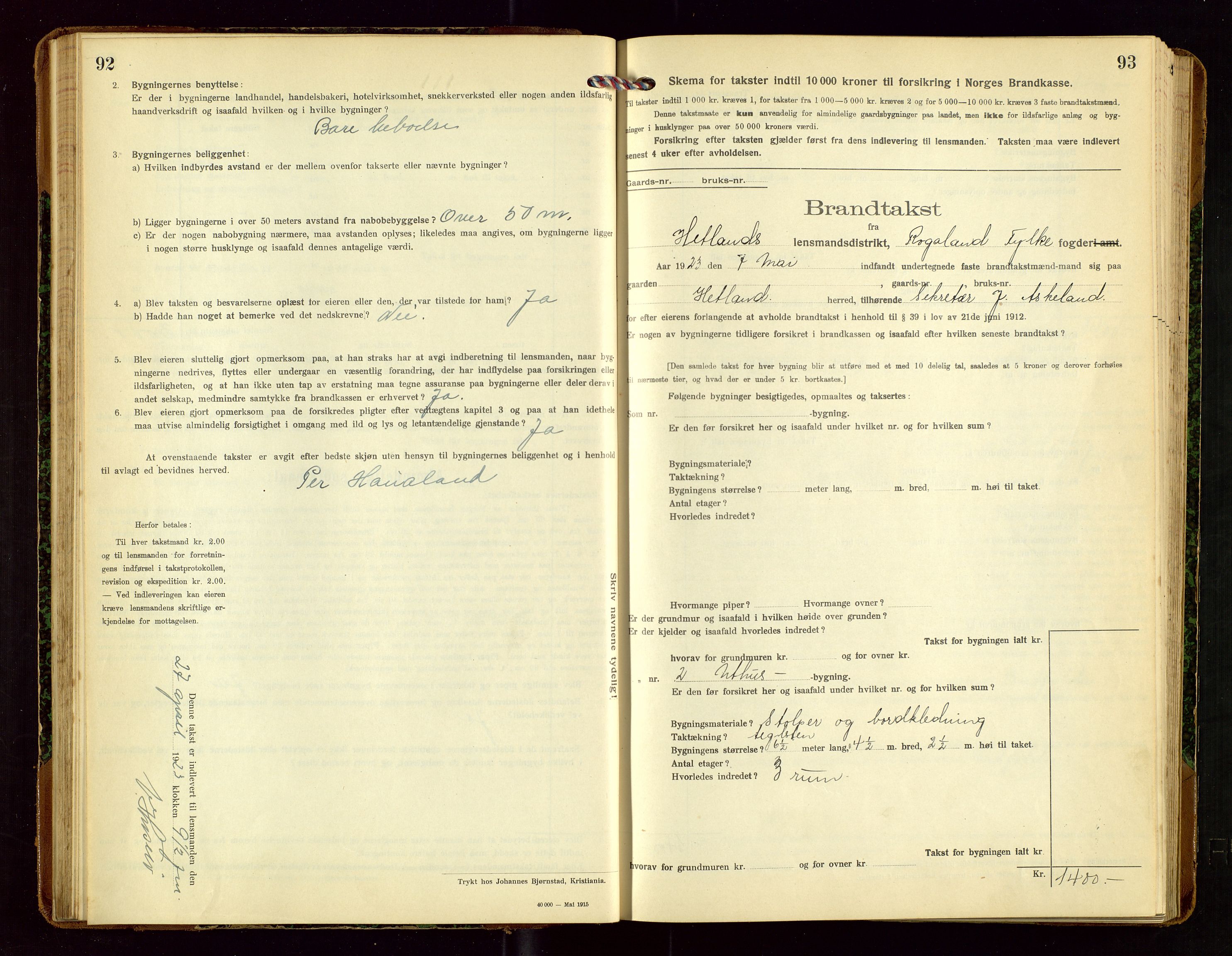 Hetland lensmannskontor, AV/SAST-A-100101/Gob/L0002: "Brandtakstprotokol", 1918-1932, p. 92-93