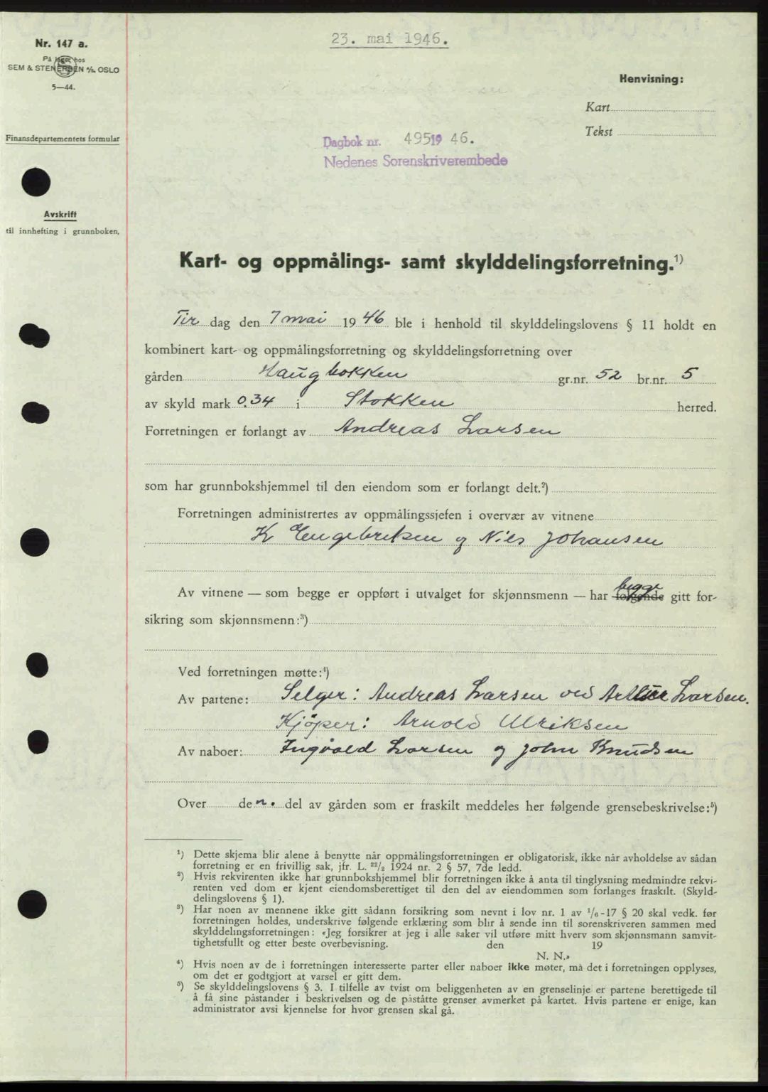 Nedenes sorenskriveri, SAK/1221-0006/G/Gb/Gba/L0054: Mortgage book no. A6c, 1946-1946, Diary no: : 495/1946