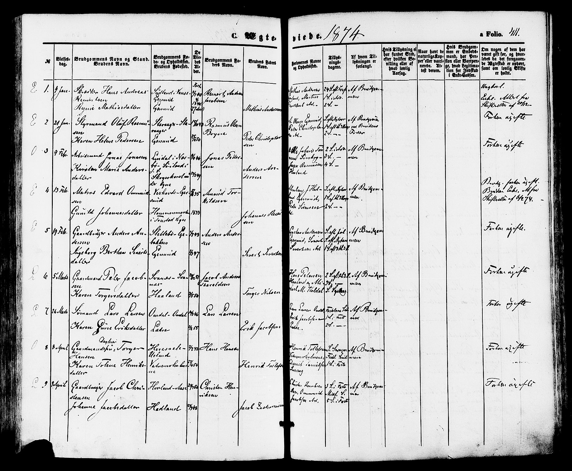 Eigersund sokneprestkontor, SAST/A-101807/S08/L0014: Parish register (official) no. A 13, 1866-1878, p. 411