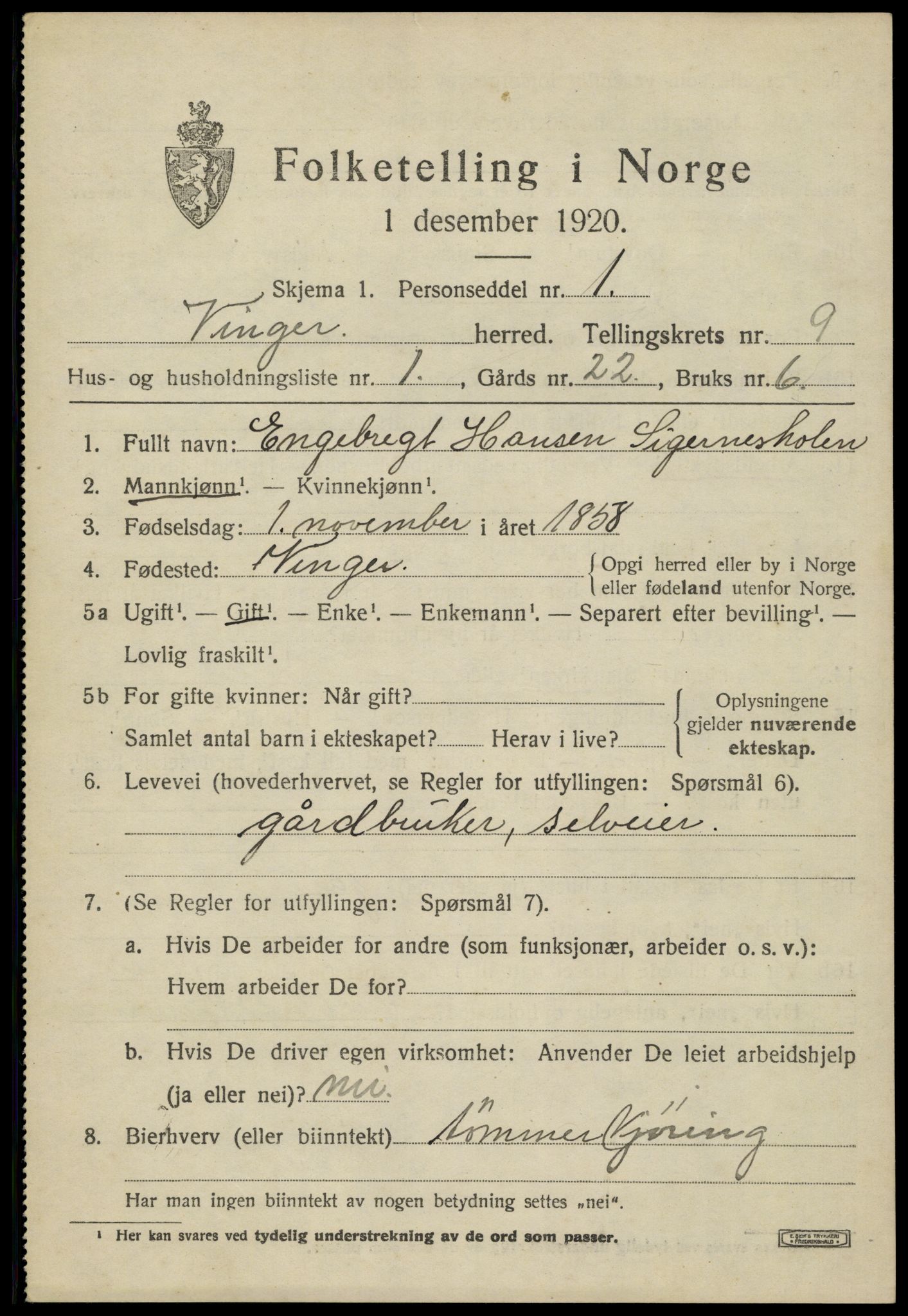 SAH, 1920 census for Vinger, 1920, p. 8152