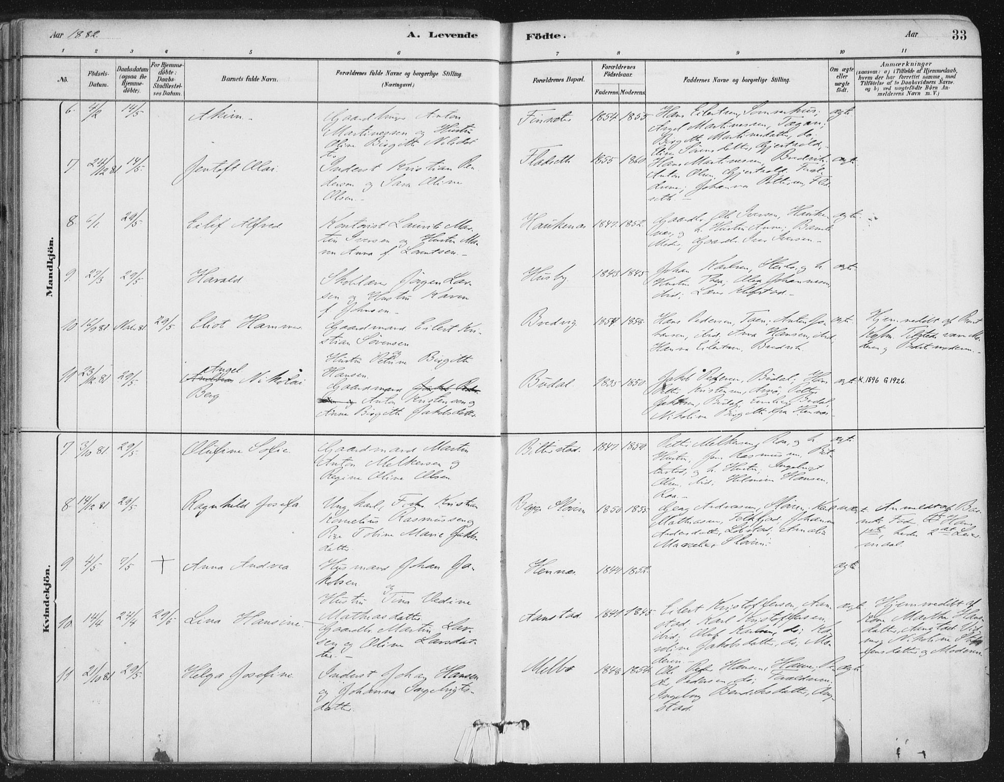 Ministerialprotokoller, klokkerbøker og fødselsregistre - Nordland, SAT/A-1459/888/L1244: Parish register (official) no. 888A10, 1880-1890, p. 33