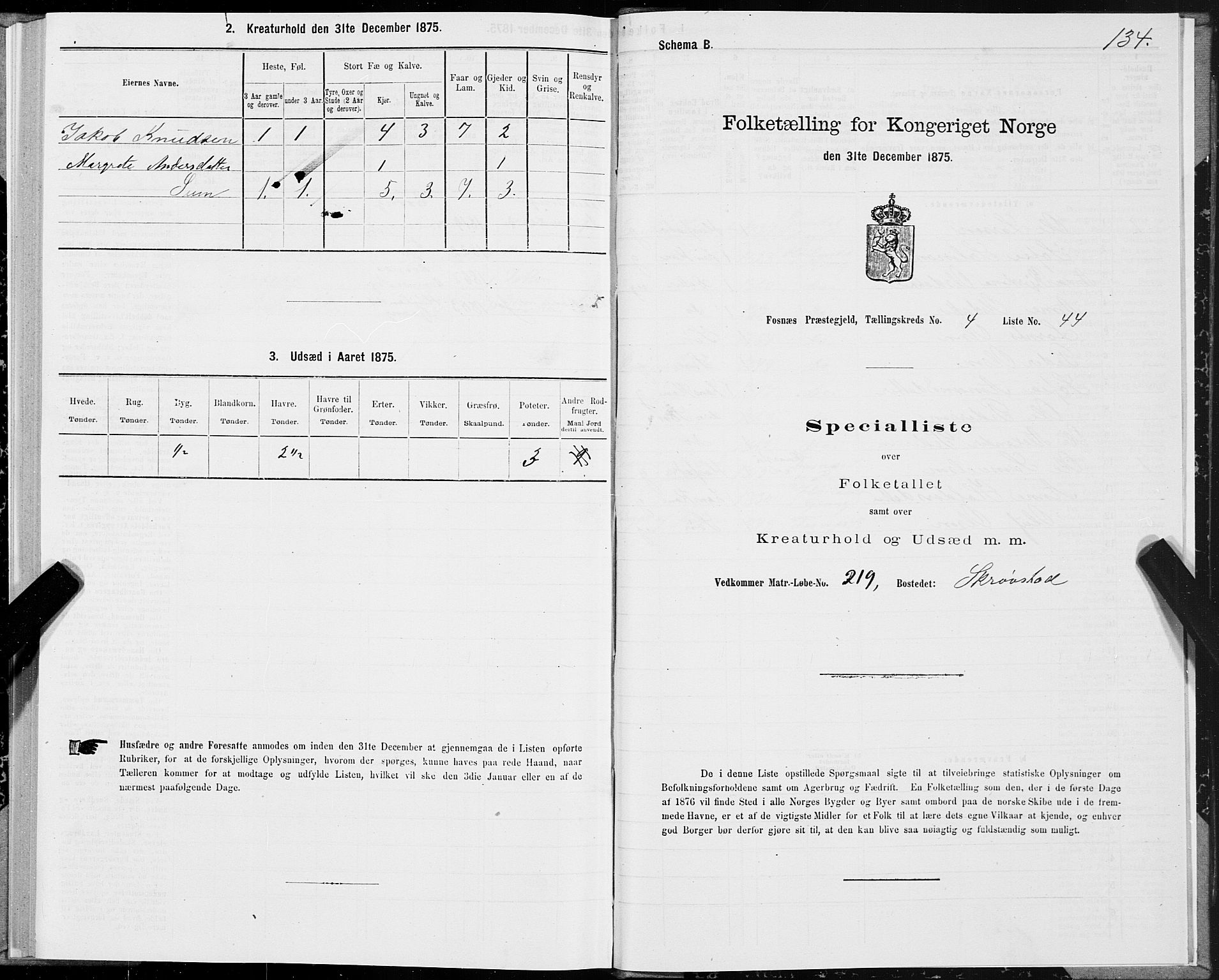 SAT, 1875 census for 1748P Fosnes, 1875, p. 2134