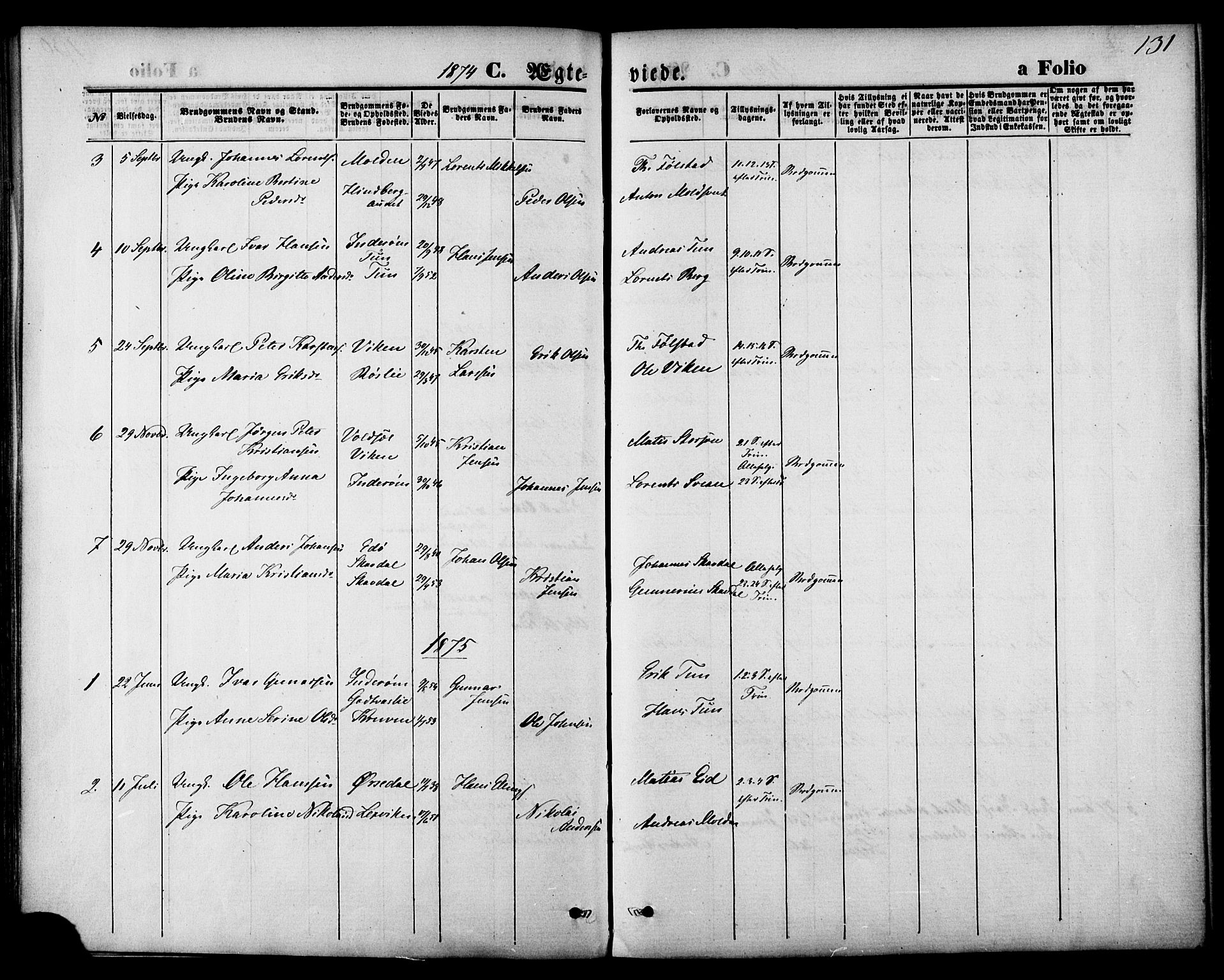 Ministerialprotokoller, klokkerbøker og fødselsregistre - Nord-Trøndelag, SAT/A-1458/744/L0419: Parish register (official) no. 744A03, 1867-1881, p. 131