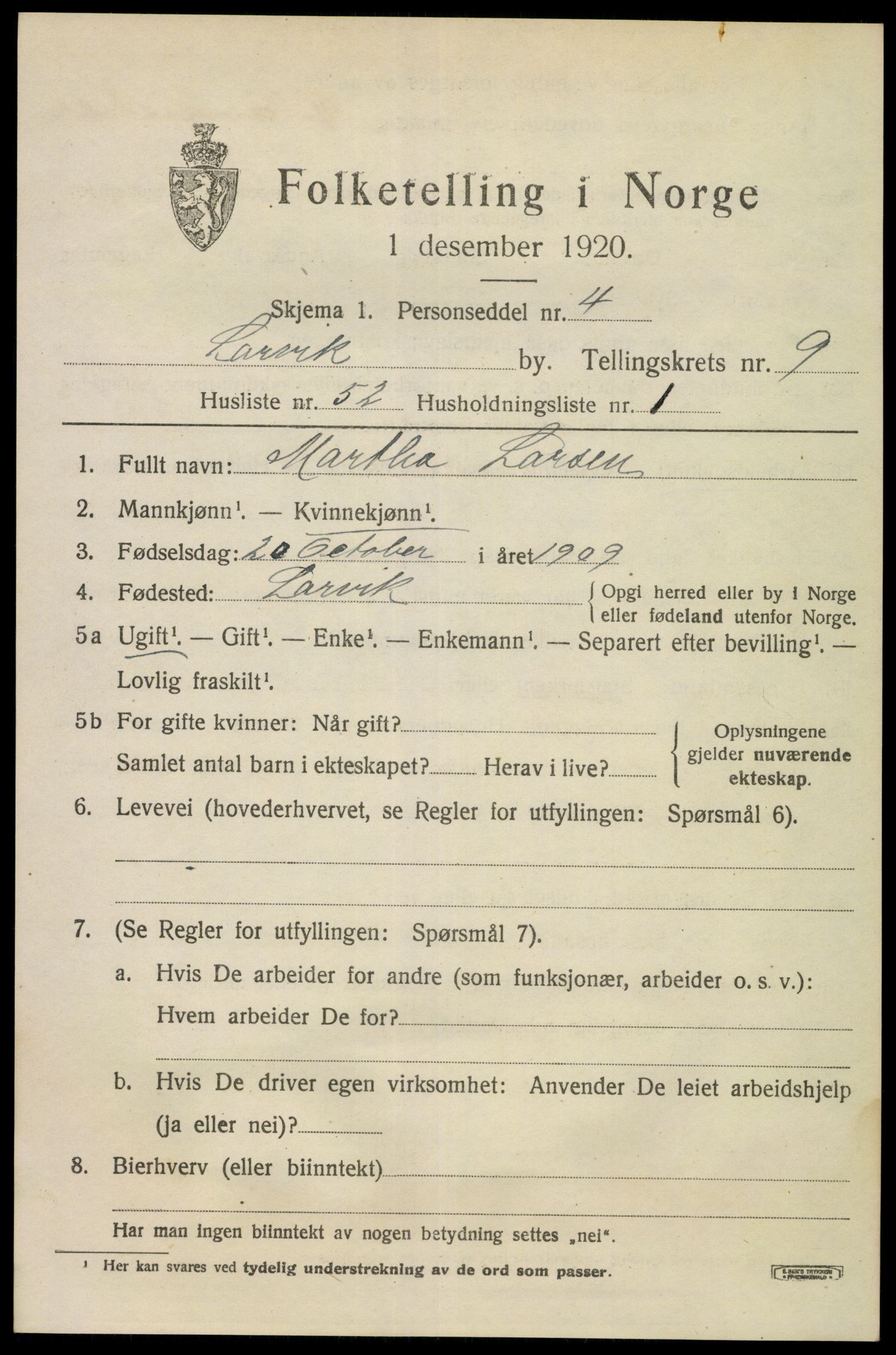 SAKO, 1920 census for Larvik, 1920, p. 25558