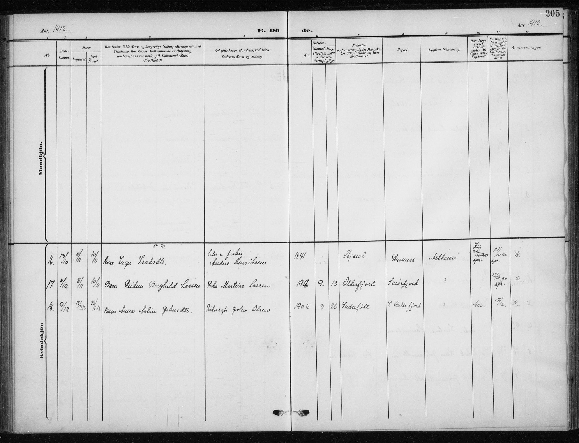 Kistrand/Porsanger sokneprestembete, AV/SATØ-S-1351/H/Ha/L0014.kirke: Parish register (official) no. 14, 1908-1917, p. 205