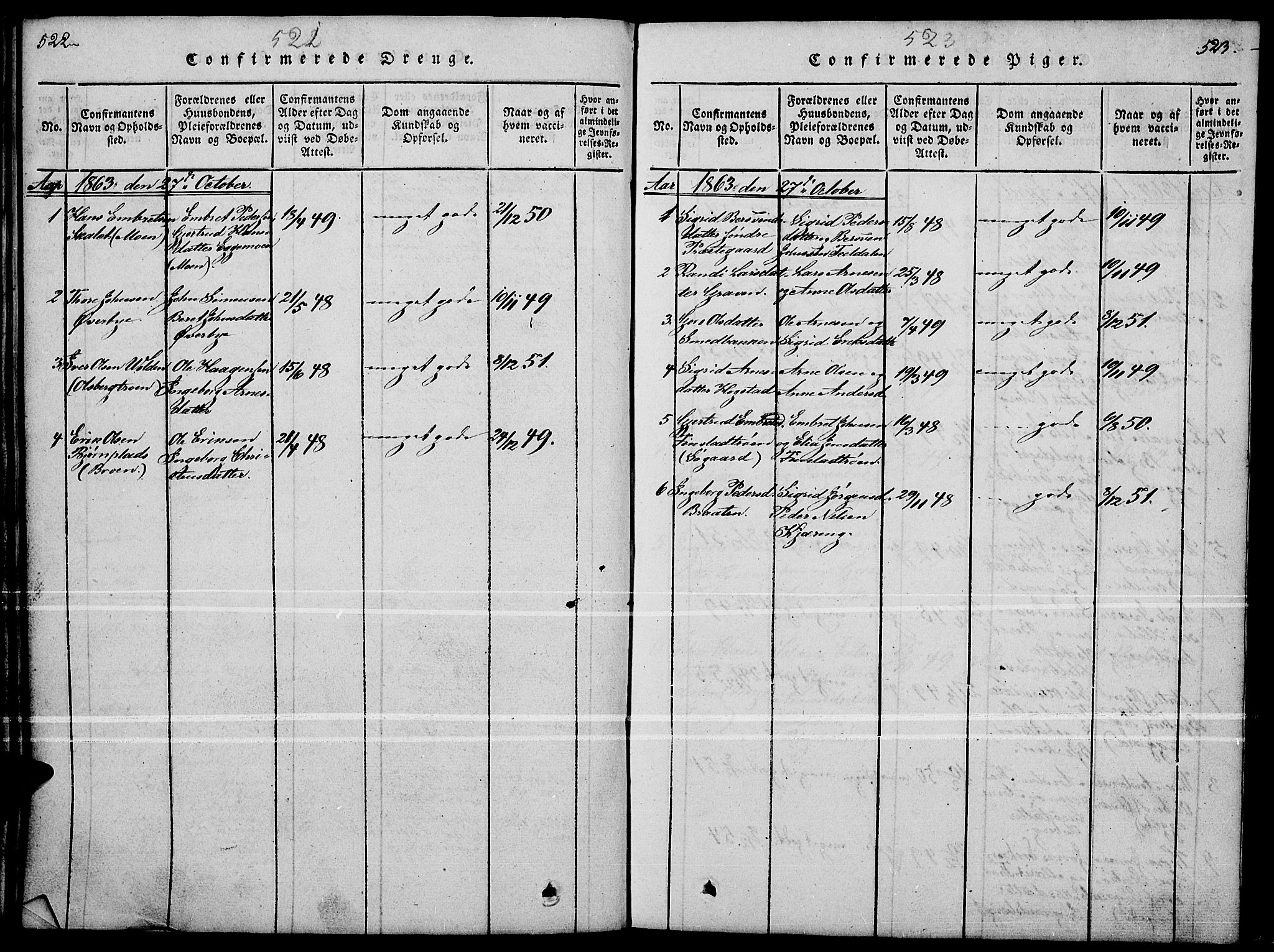 Tynset prestekontor, SAH/PREST-058/H/Ha/Hab/L0004: Parish register (copy) no. 4, 1814-1879, p. 522-523