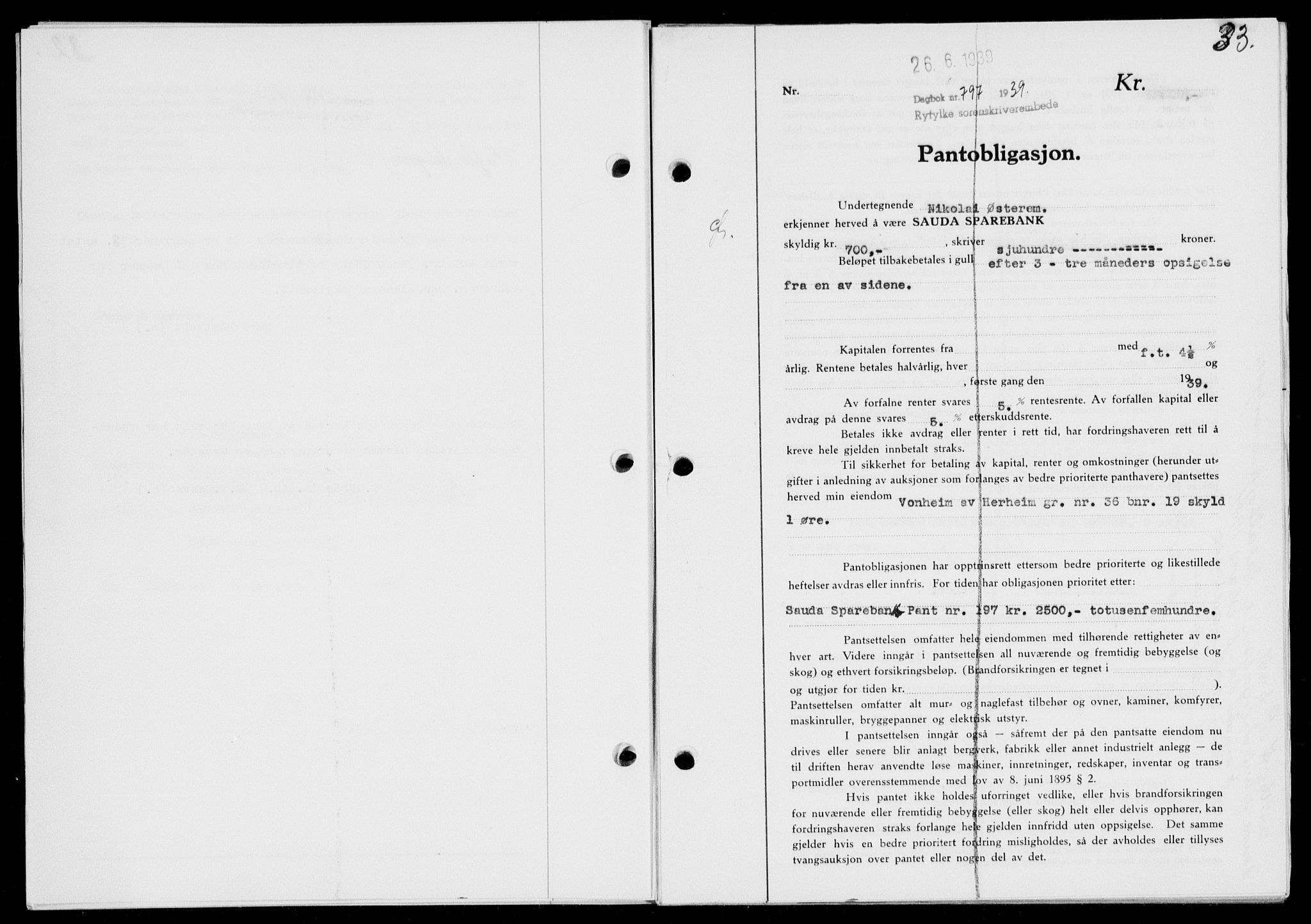 Ryfylke tingrett, SAST/A-100055/001/II/IIB/L0080: Mortgage book no. 59, 1939-1939, Diary no: : 797/1939
