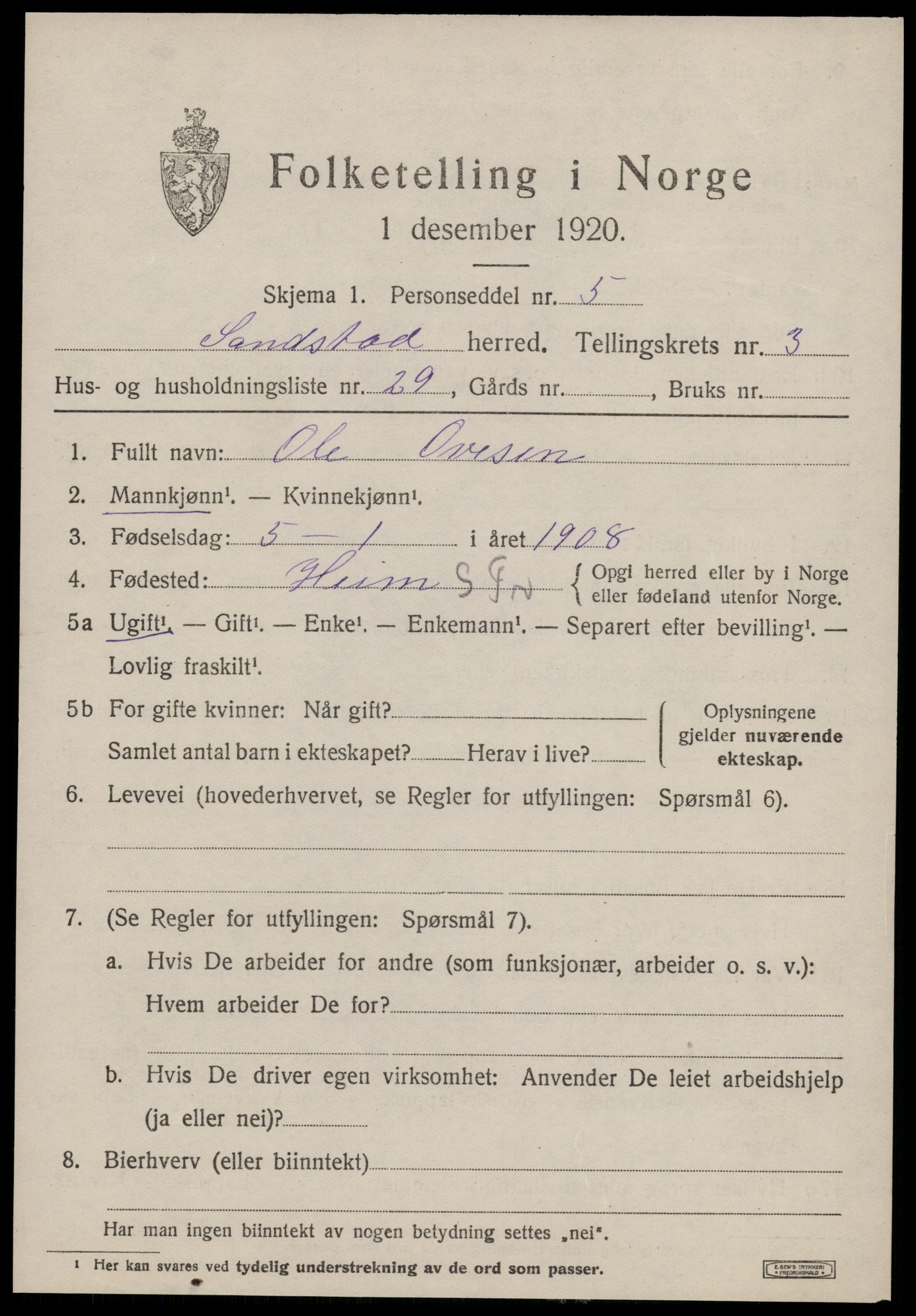 SAT, 1920 census for Sandstad, 1920, p. 1929