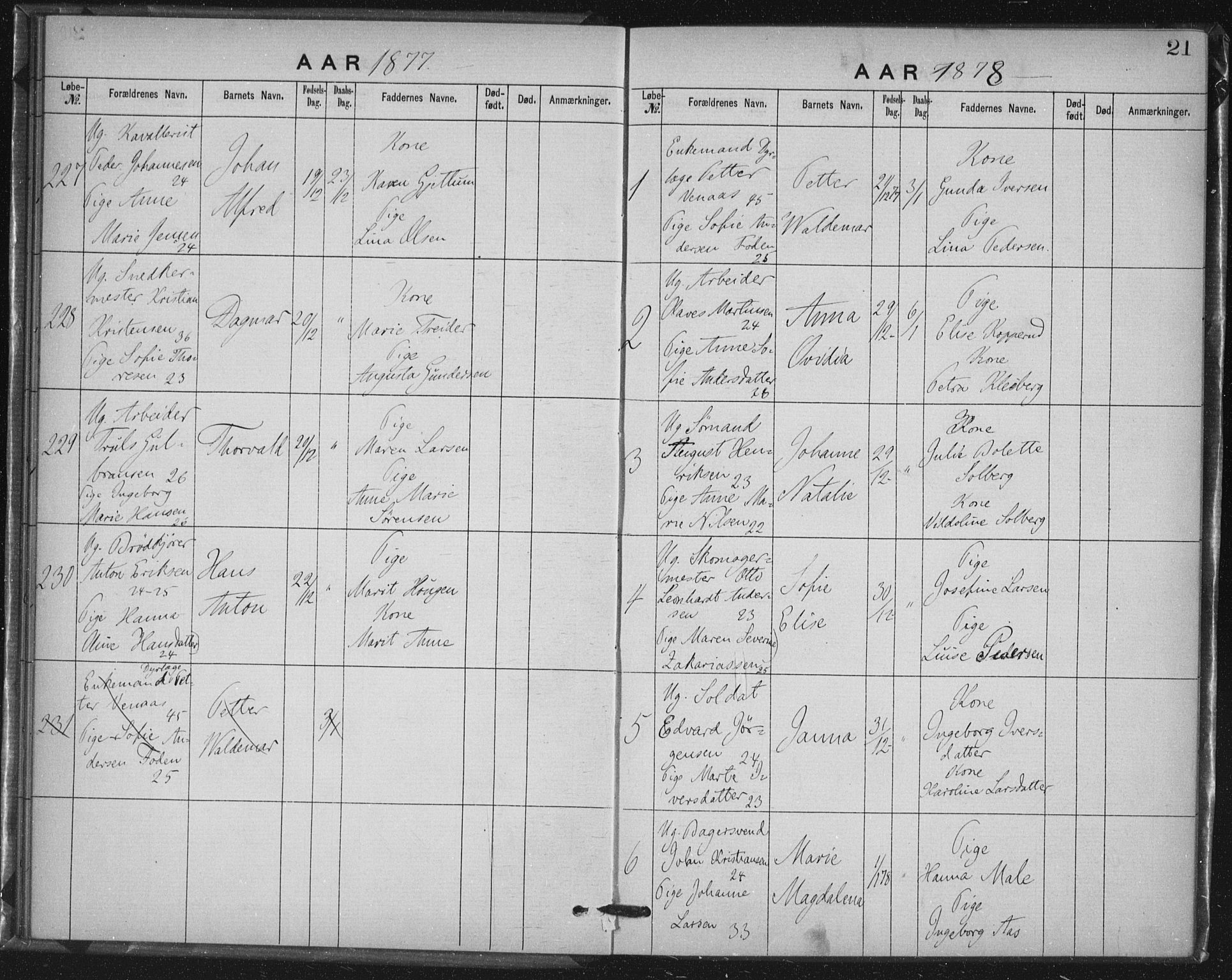 Rikshospitalet prestekontor Kirkebøker, AV/SAO-A-10309b/K/L0003/0001: Baptism register no. 3.1, 1877-1884, p. 21