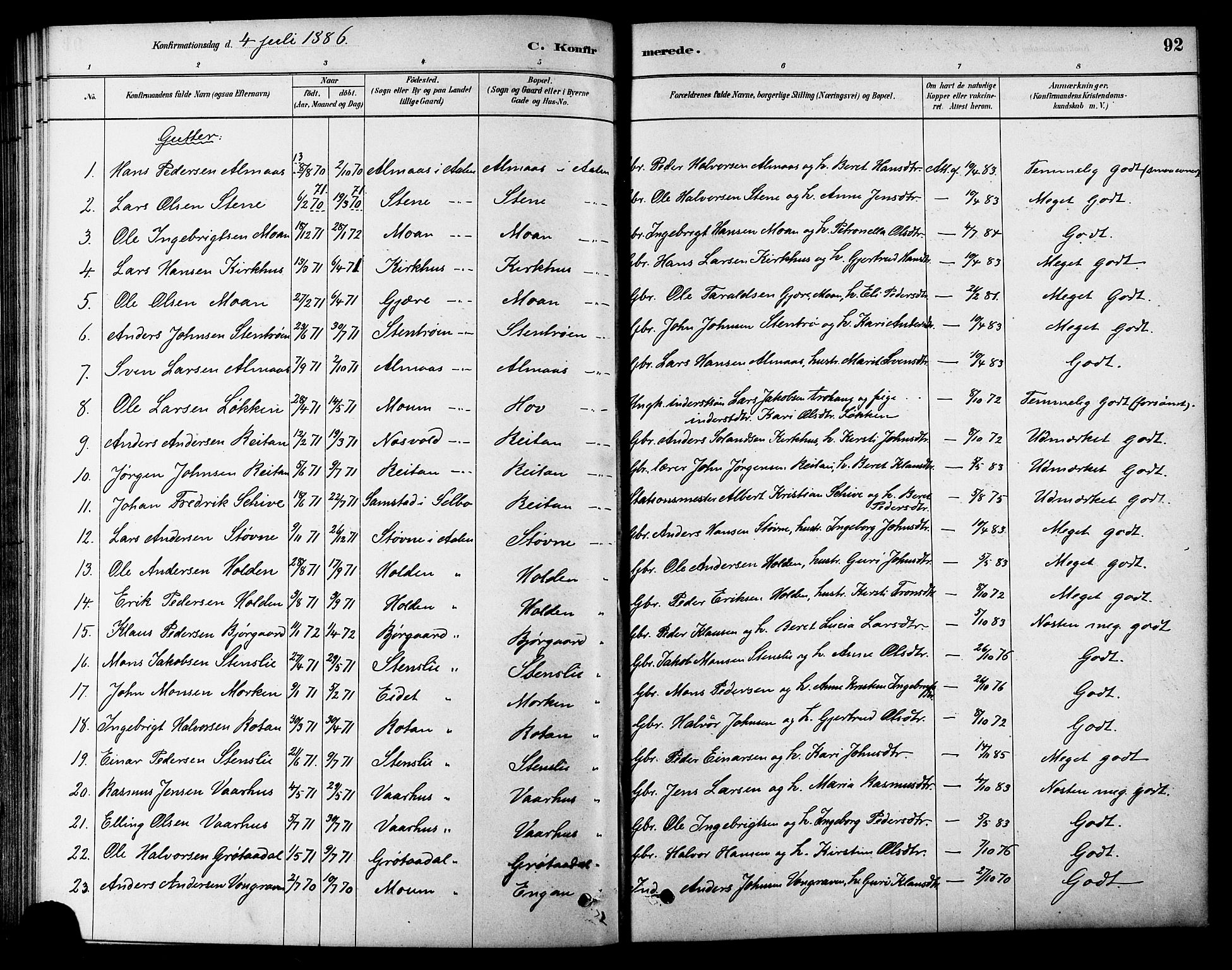 Ministerialprotokoller, klokkerbøker og fødselsregistre - Sør-Trøndelag, SAT/A-1456/686/L0983: Parish register (official) no. 686A01, 1879-1890, p. 92