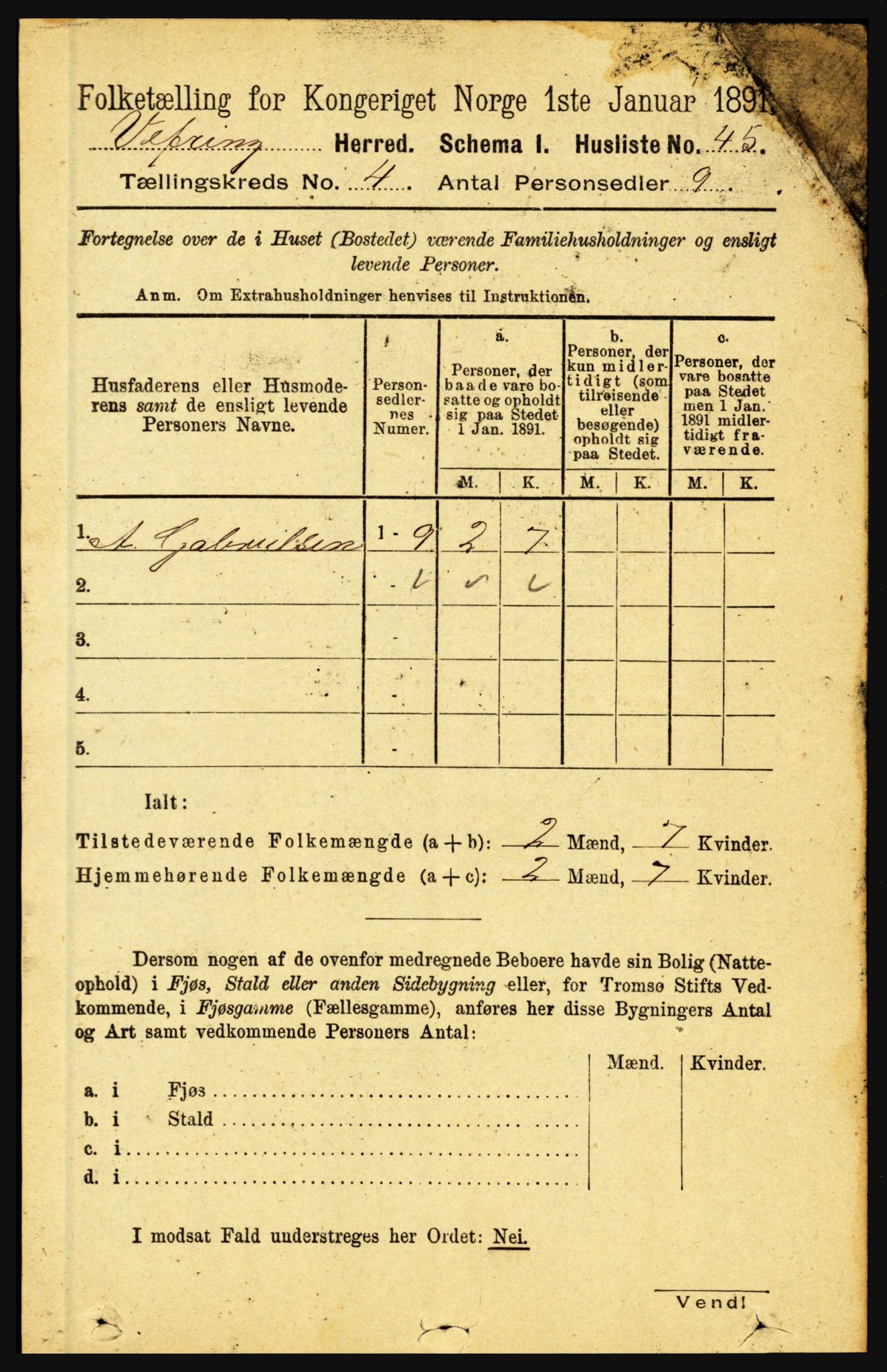 RA, 1891 census for 1434 Vevring, 1891, p. 1194