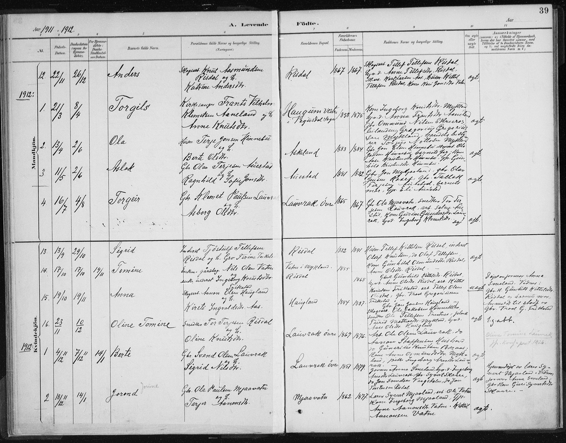 Herefoss sokneprestkontor, AV/SAK-1111-0019/F/Fa/Fac/L0002: Parish register (official) no. A 2, 1887-1915, p. 39