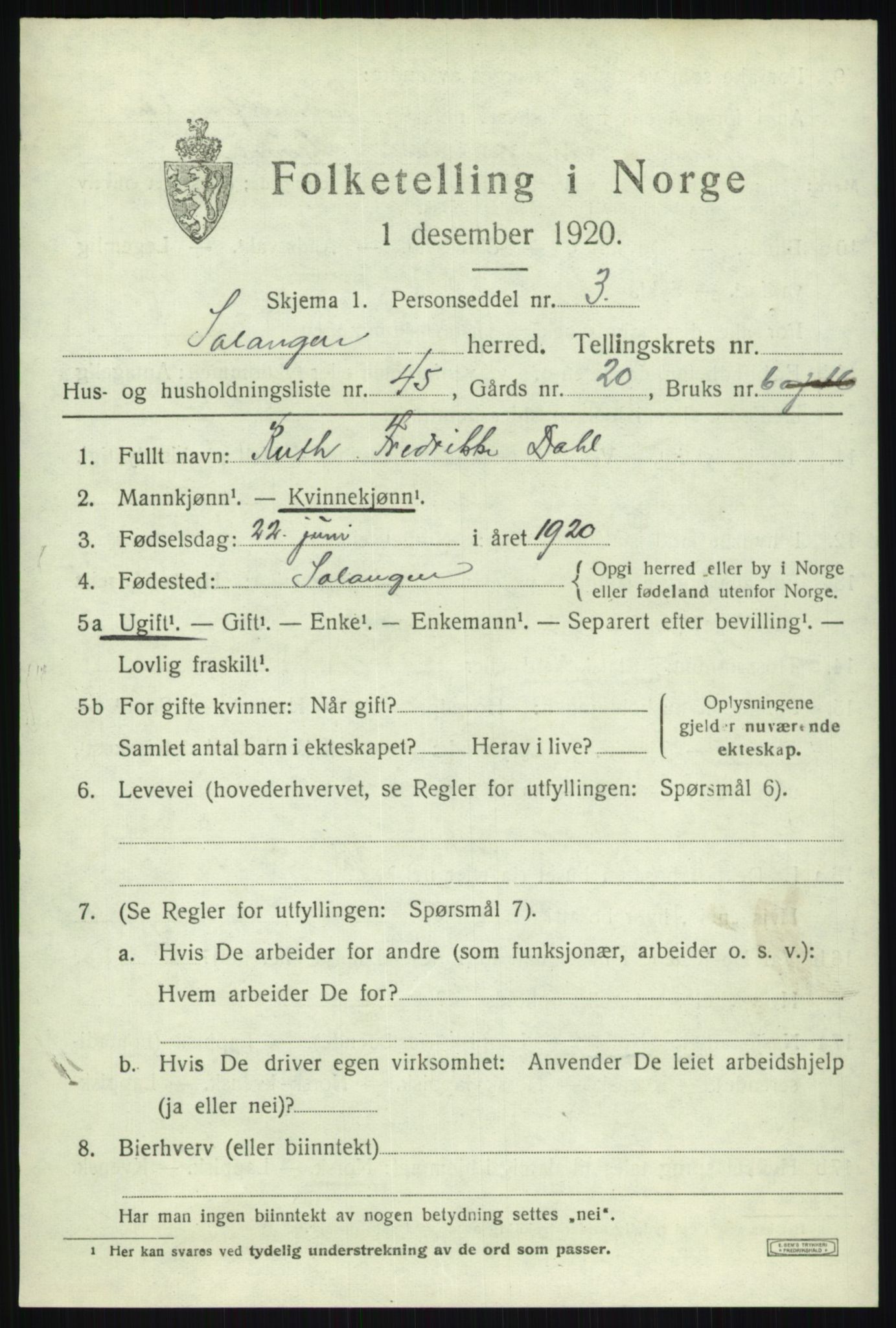 SATØ, 1920 census for Salangen, 1920, p. 3912