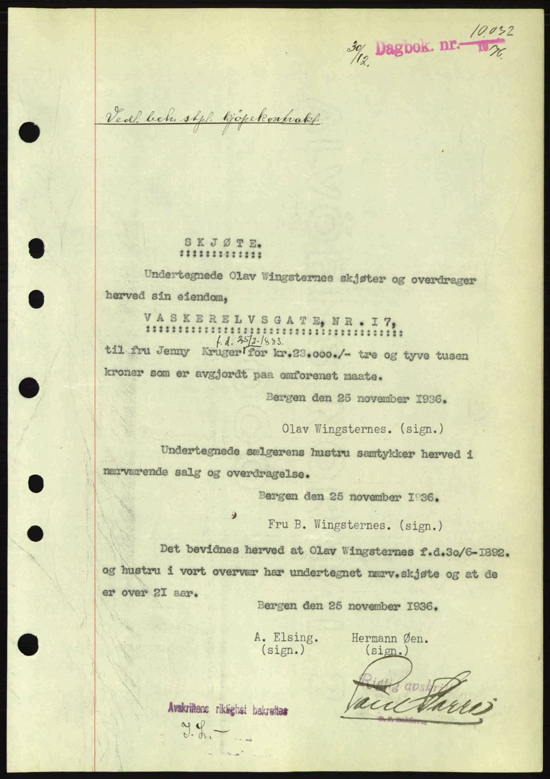 Byfogd og Byskriver i Bergen, SAB/A-3401/03/03Bc/L0004: Mortgage book no. A3-4, 1936-1937, Diary no: : 10032/1936