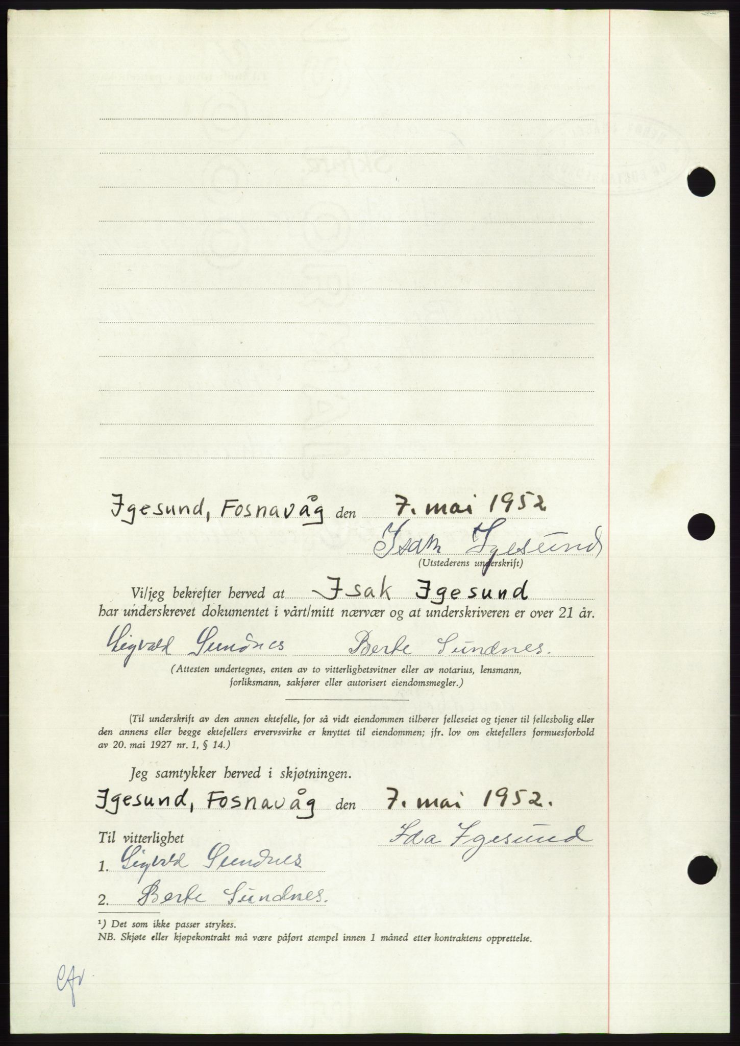 Søre Sunnmøre sorenskriveri, AV/SAT-A-4122/1/2/2C/L0092: Mortgage book no. 18A, 1952-1952, Diary no: : 991/1952