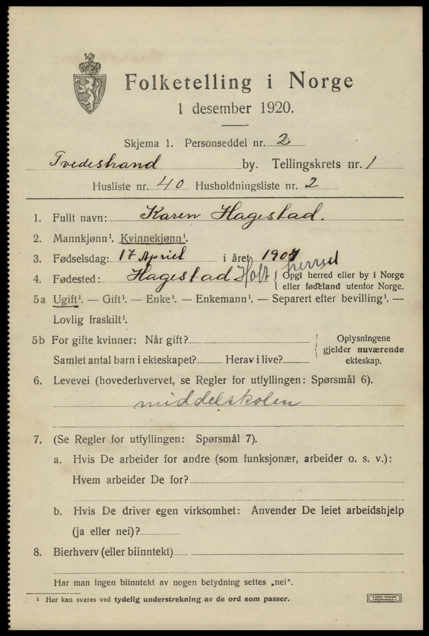 SAK, 1920 census for Tvedestrand, 1920, p. 1727