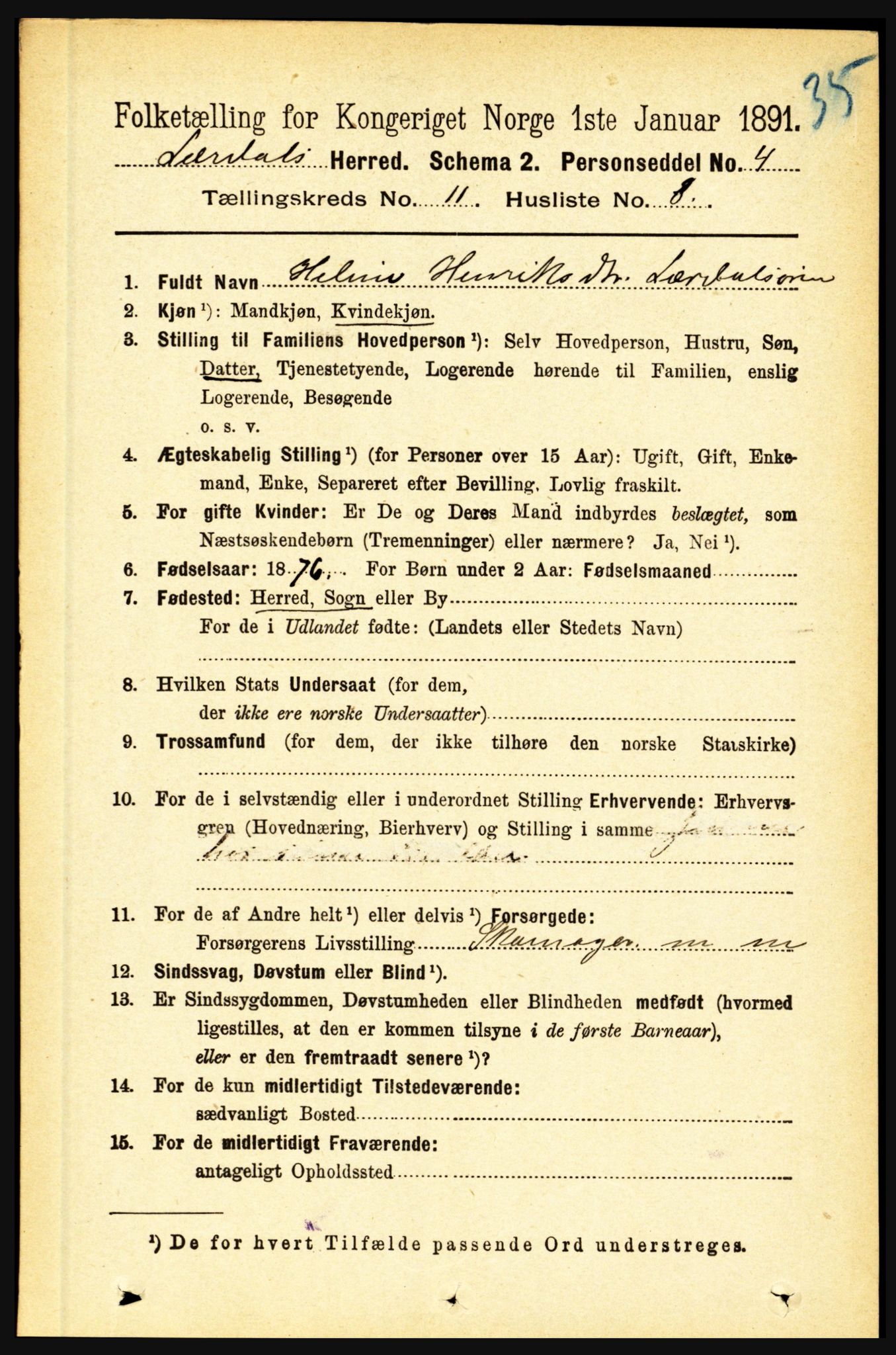 RA, 1891 census for 1422 Lærdal, 1891, p. 2185