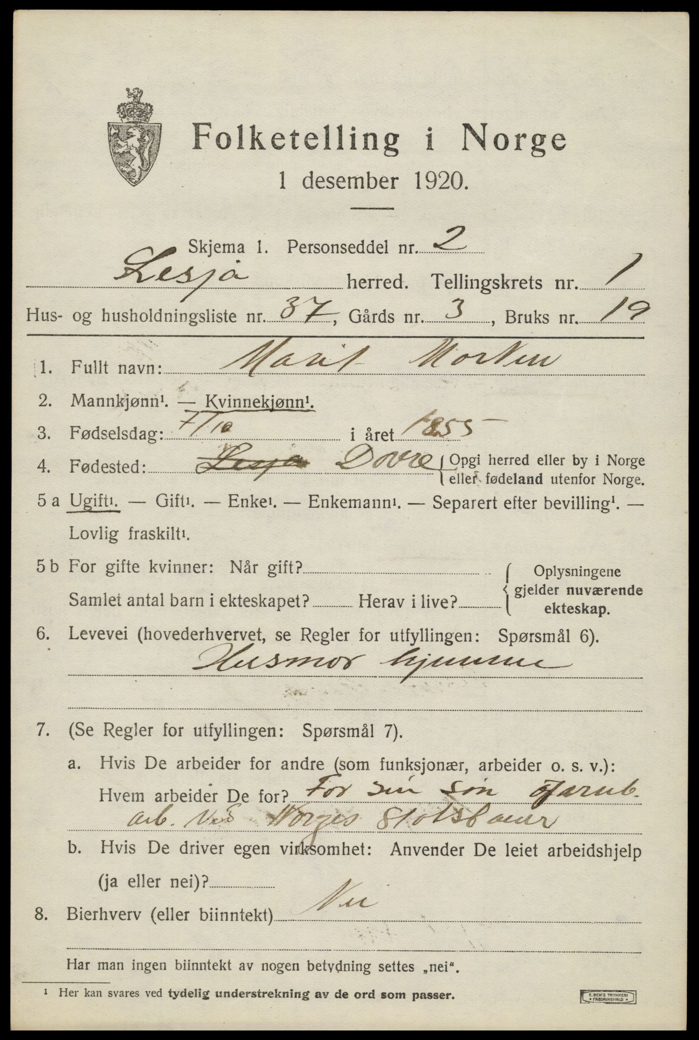 SAH, 1920 census for Lesja, 1920, p. 1620