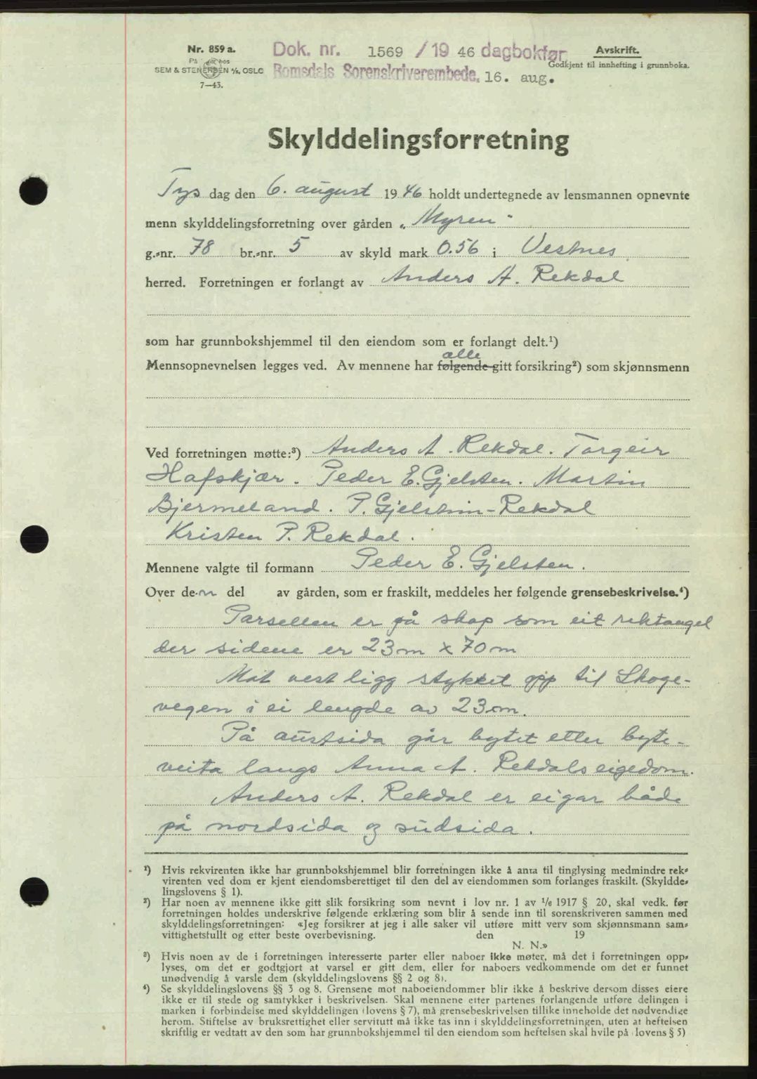 Romsdal sorenskriveri, AV/SAT-A-4149/1/2/2C: Mortgage book no. A20, 1946-1946, Diary no: : 1569/1946