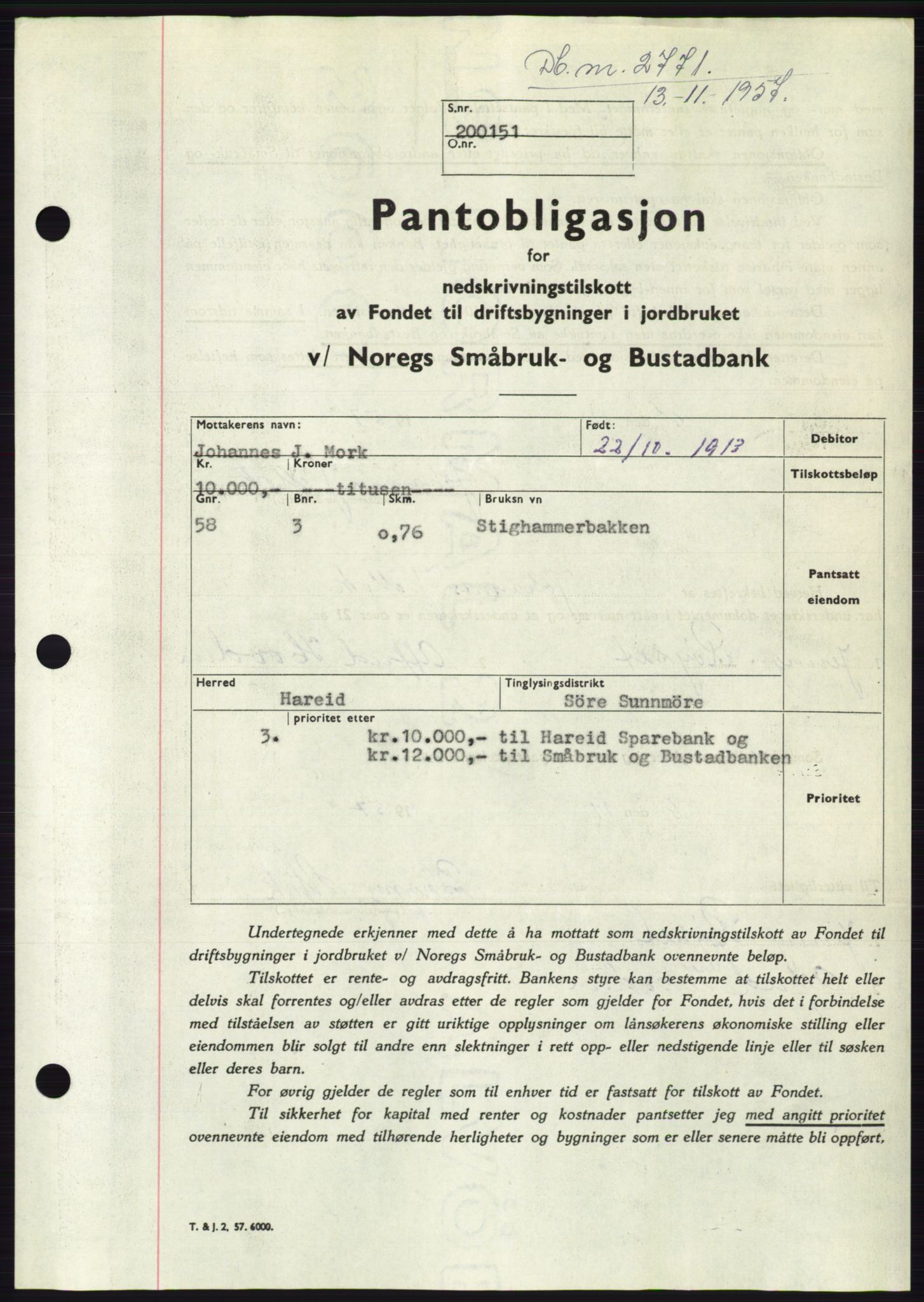 Søre Sunnmøre sorenskriveri, AV/SAT-A-4122/1/2/2C/L0130: Mortgage book no. 18B, 1957-1958, Diary no: : 2771/1957