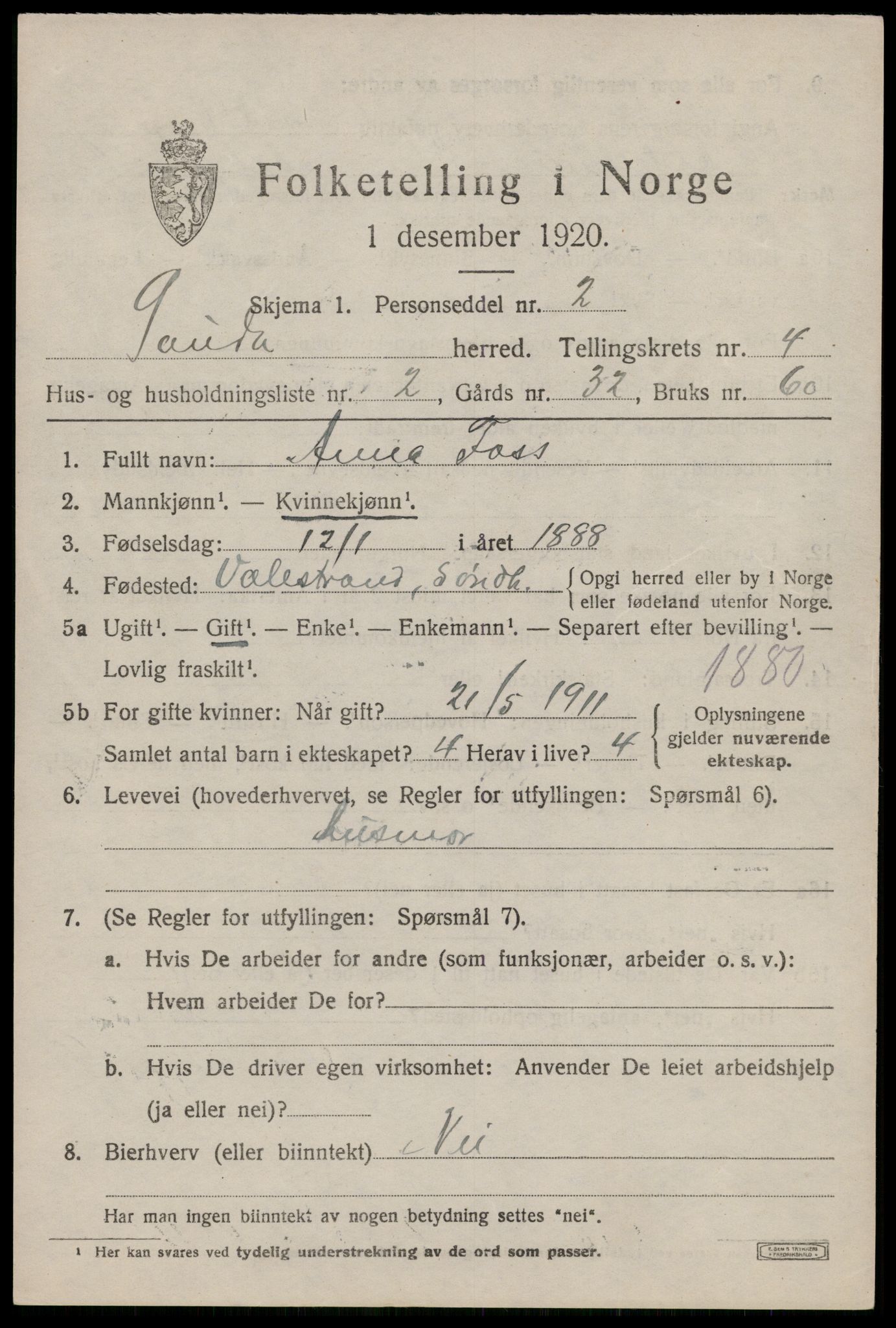 SAST, 1920 census for Sauda, 1920, p. 1740