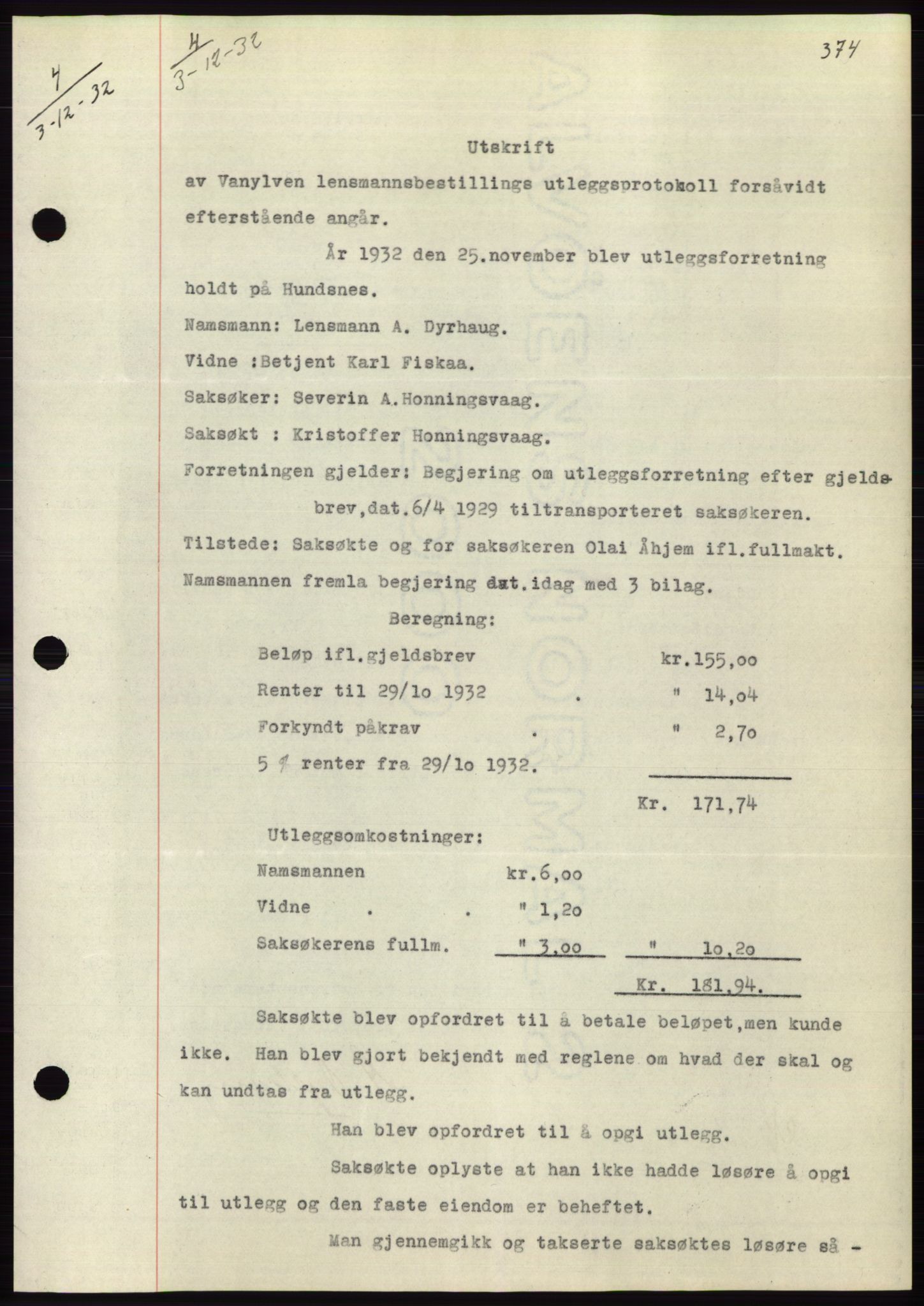 Søre Sunnmøre sorenskriveri, AV/SAT-A-4122/1/2/2C/L0054: Mortgage book no. 48, 1932-1933, Deed date: 03.12.1932