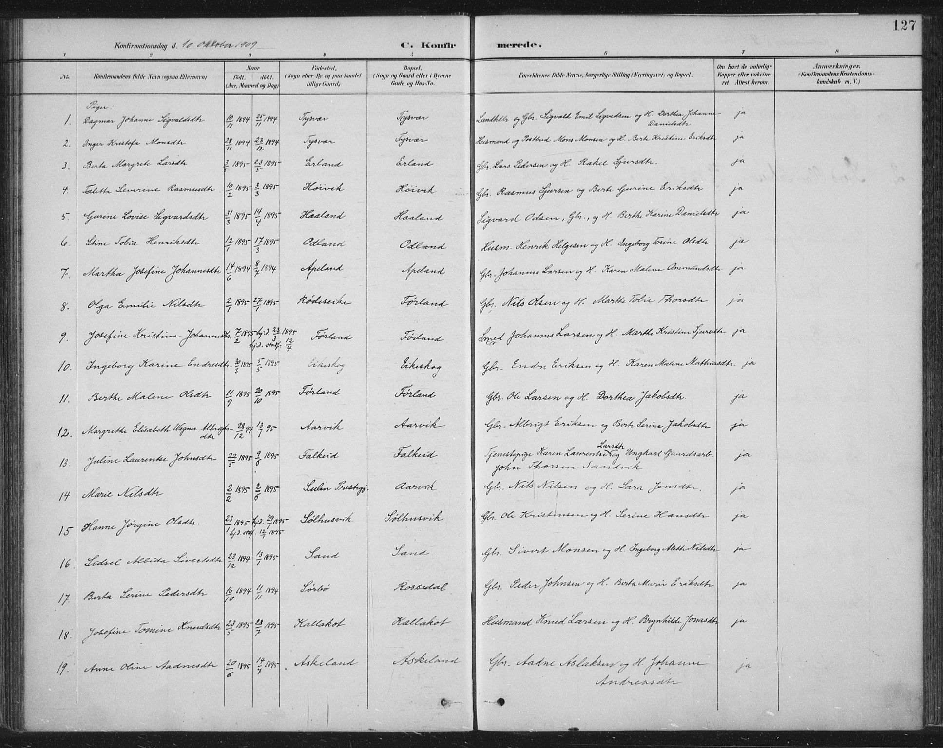 Tysvær sokneprestkontor, AV/SAST-A -101864/H/Ha/Haa/L0008: Parish register (official) no. A 8, 1897-1918, p. 127