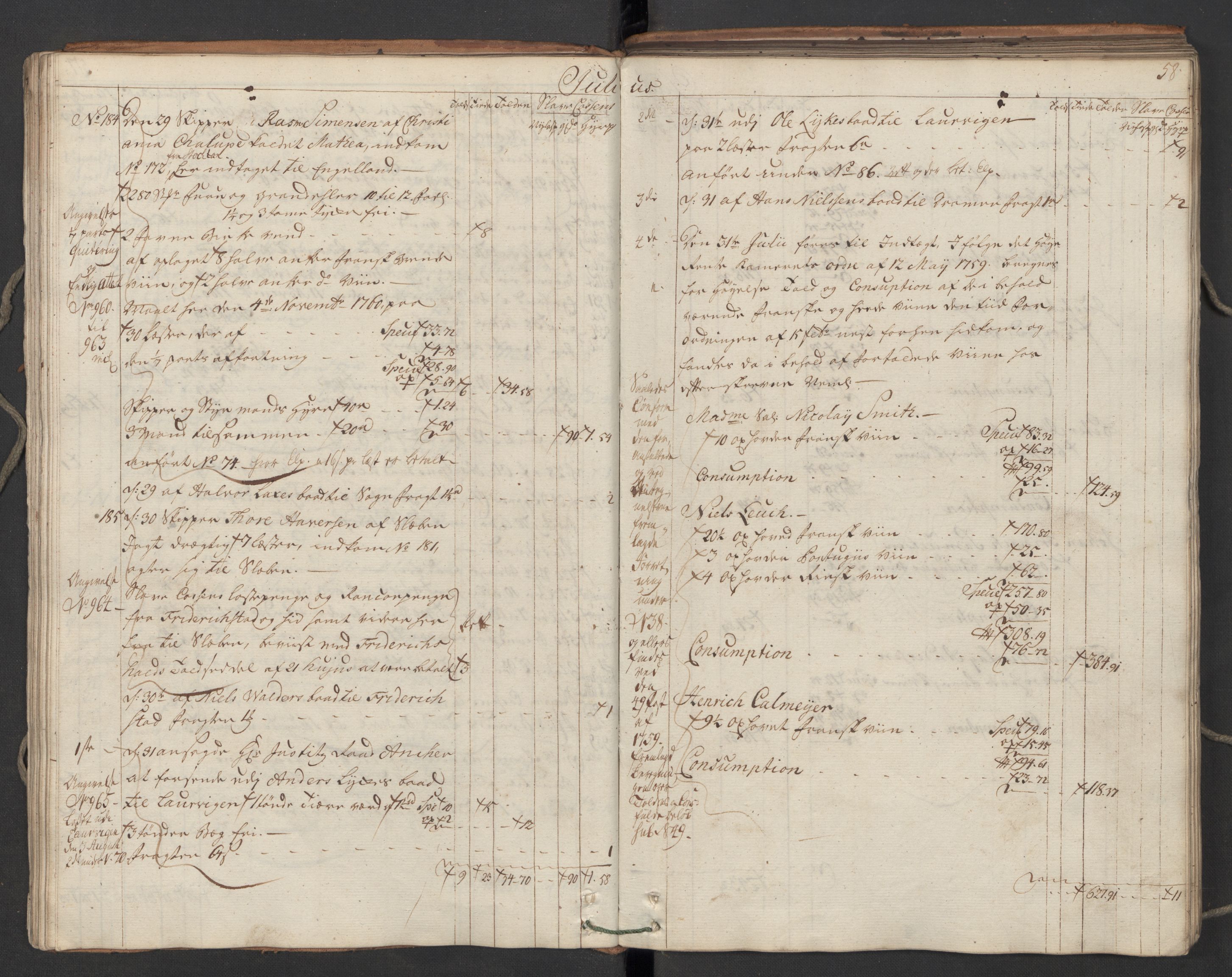 Generaltollkammeret, tollregnskaper, AV/RA-EA-5490/R06/L0064/0001: Tollregnskaper Kristiania / Utgående hovedtollbok, 1762, p. 57b-58a