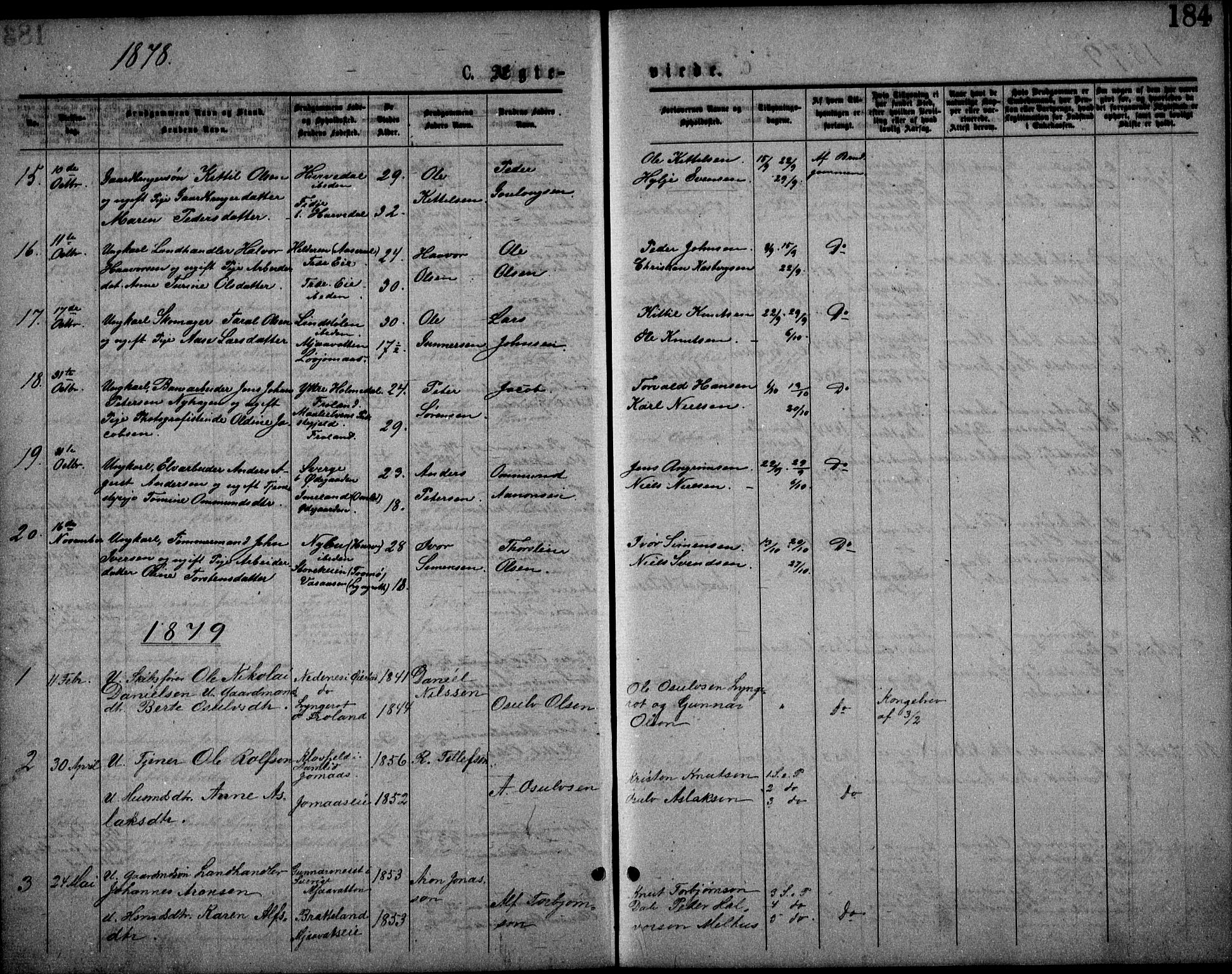 Froland sokneprestkontor, SAK/1111-0013/F/Fb/L0009: Parish register (copy) no. B 9, 1875-1893, p. 184