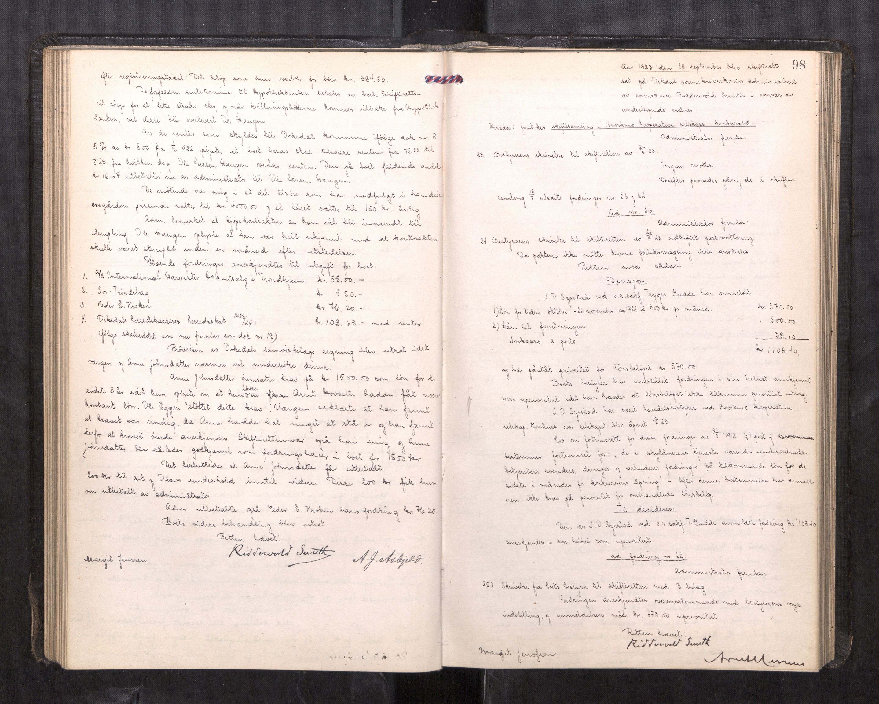 Orkdal sorenskriveri, AV/SAT-A-4169/1/3/3B/L0015: Skiftebehandlingsprotokoll, 1919-1927, p. 97b-98a