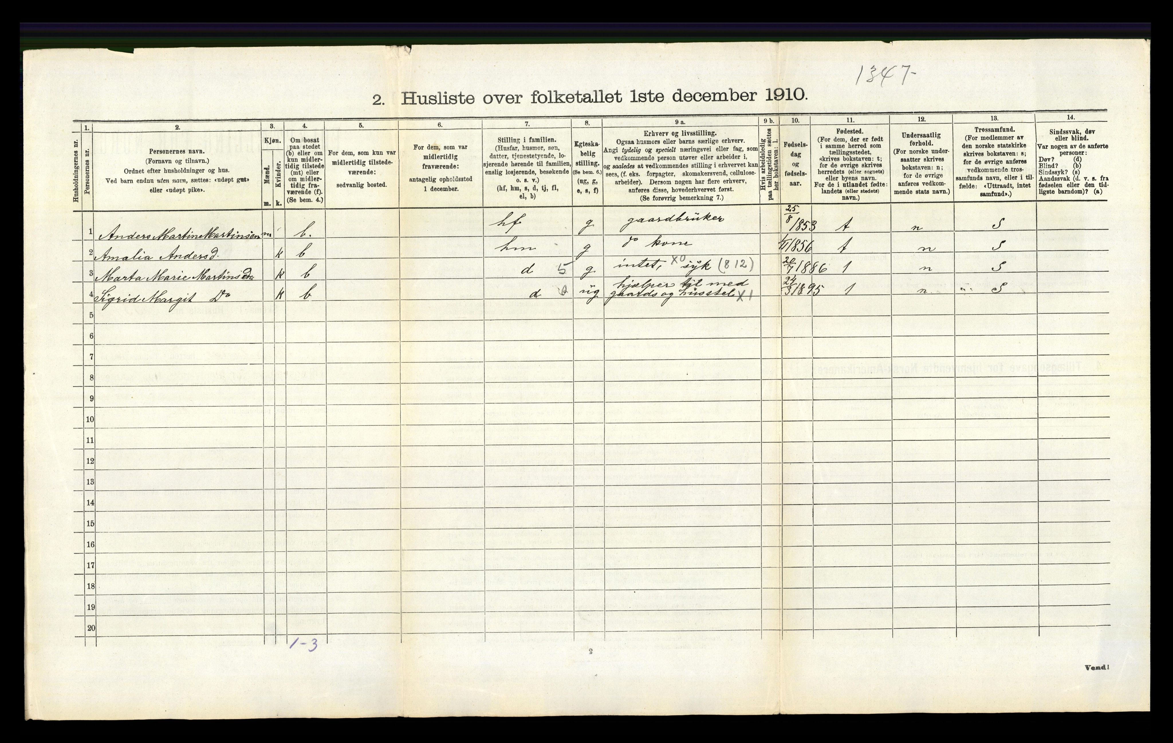 RA, 1910 census for Brunlanes, 1910, p. 1056