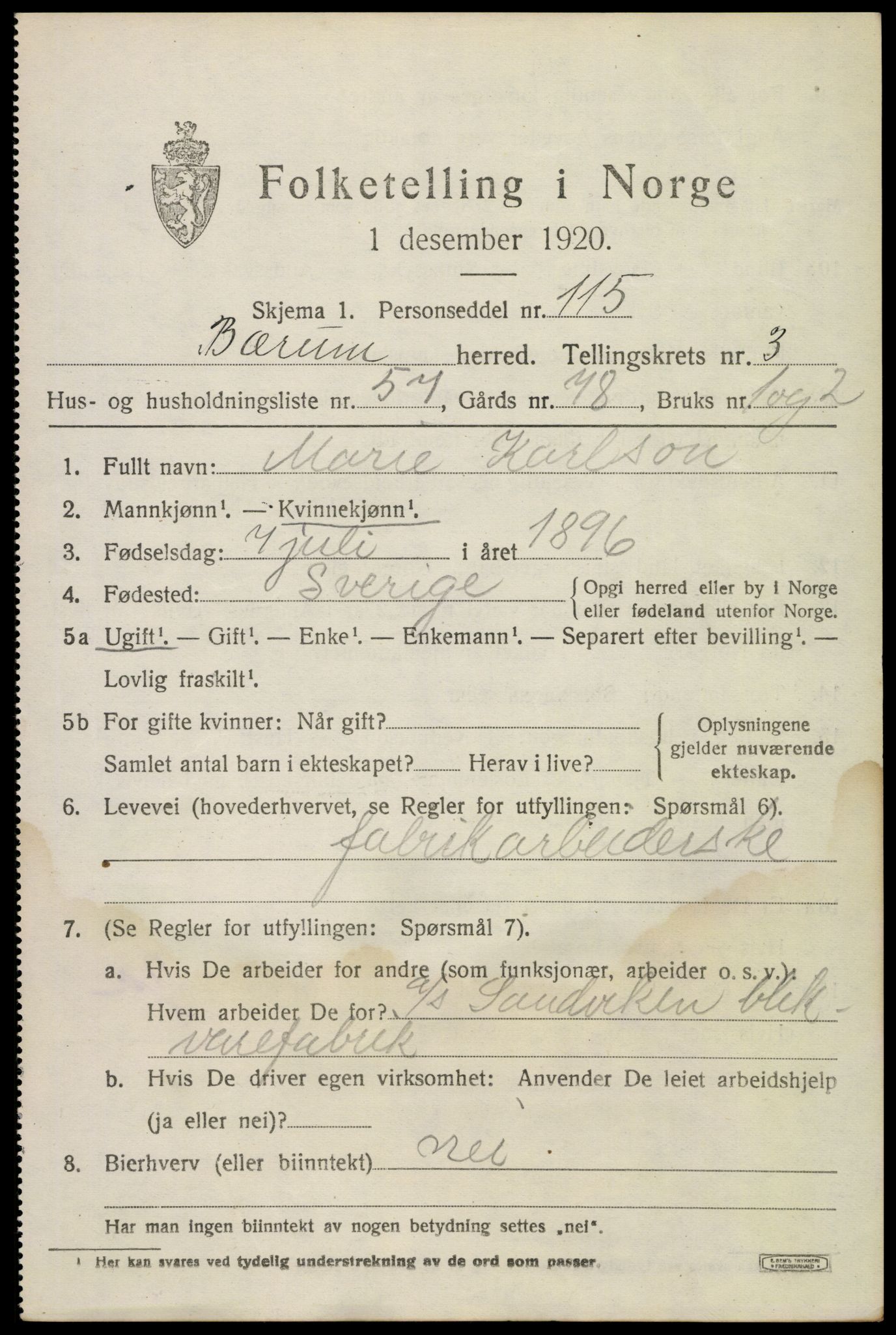 SAO, 1920 census for Bærum, 1920, p. 8214