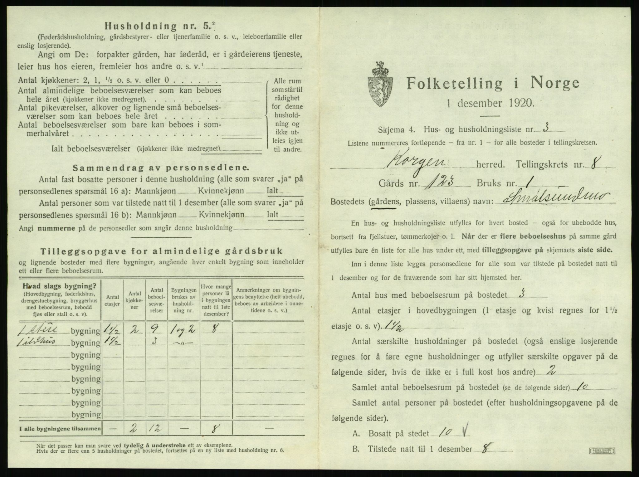 SAT, 1920 census for Korgen, 1920, p. 462