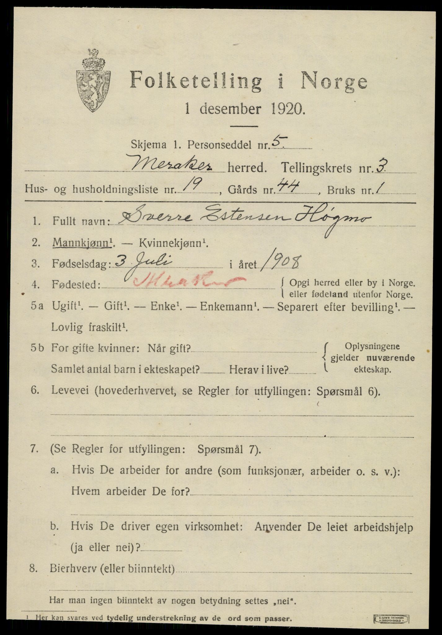 SAT, 1920 census for Meråker, 1920, p. 3368