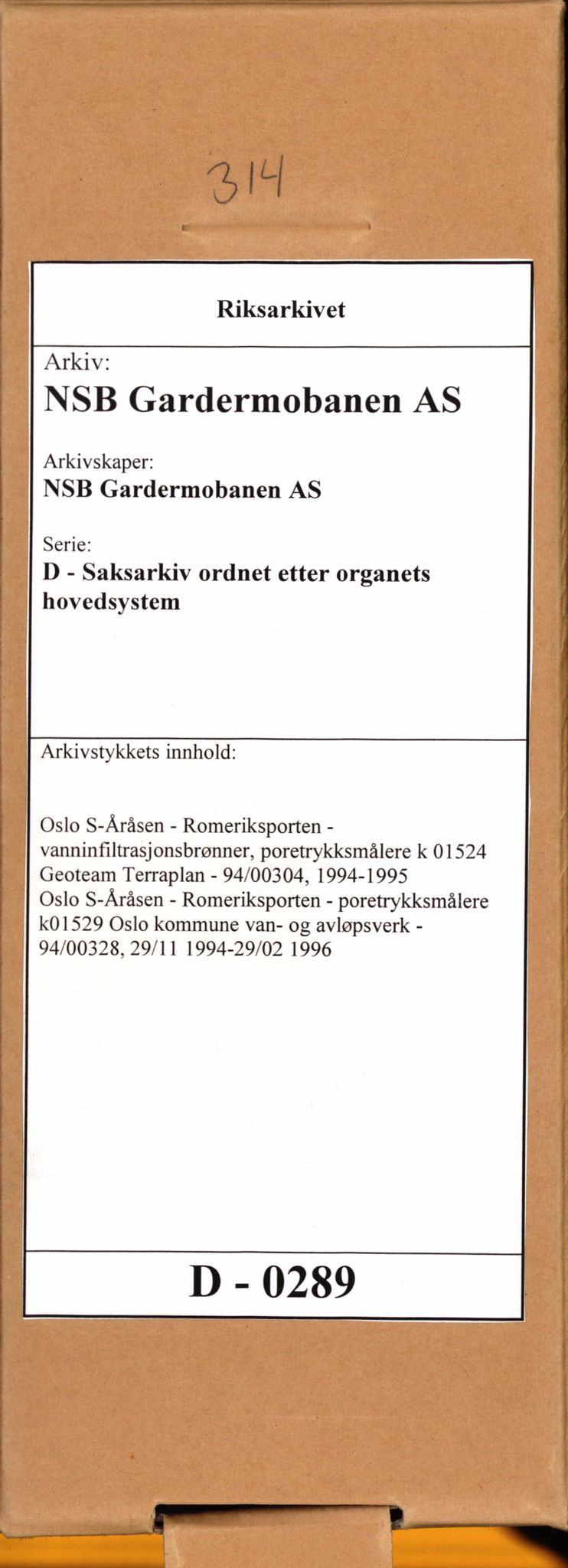 Norges statsbaner, Gardermobanen, AV/RA-S-4262/D/L0289: --, 1994-1996