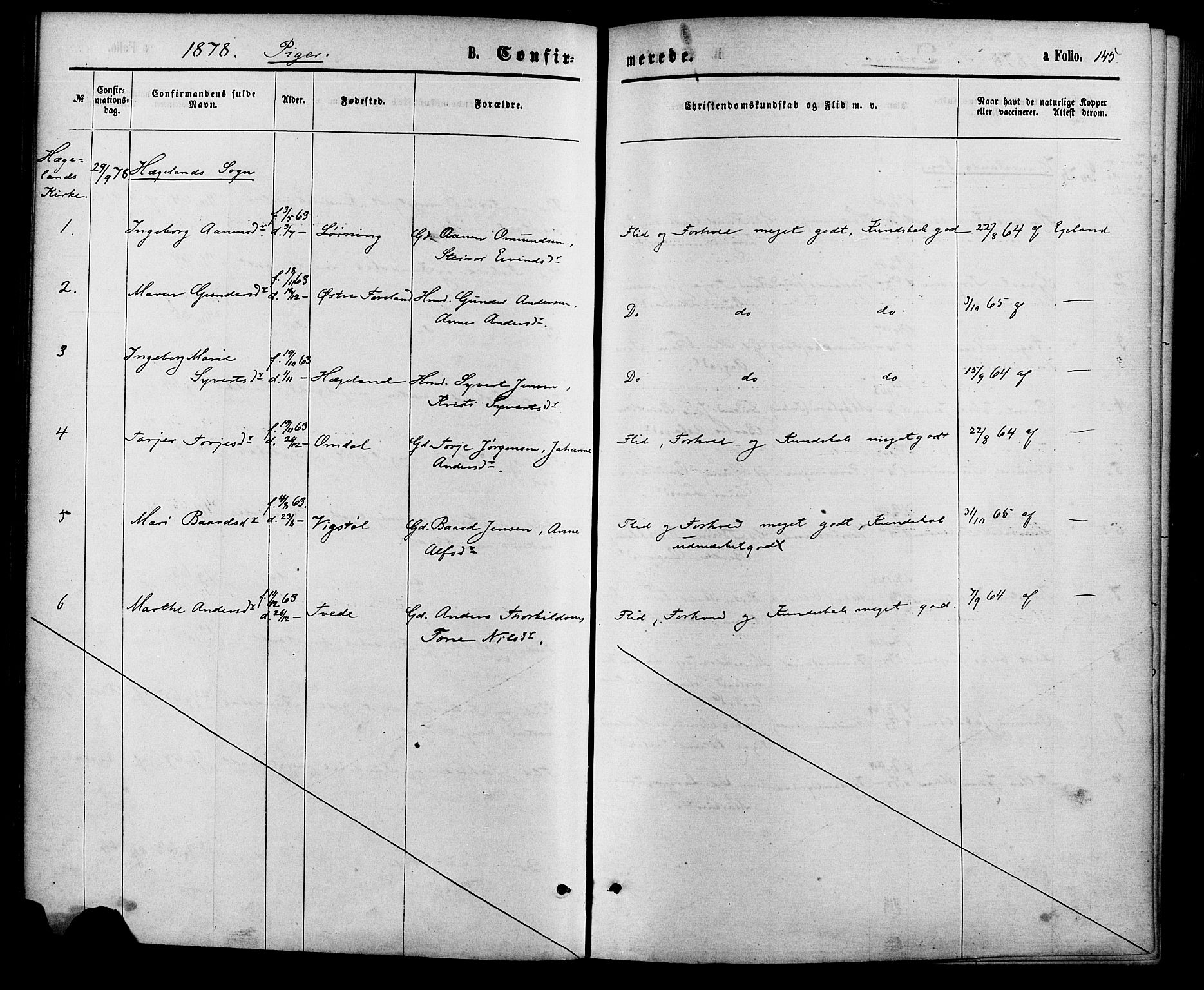 Vennesla sokneprestkontor, AV/SAK-1111-0045/Fa/Fac/L0008: Parish register (official) no. A 8, 1874-1883, p. 145