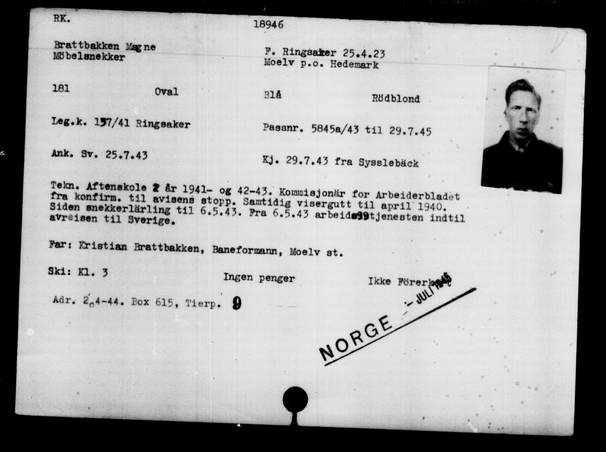 Utenriksstasjonene, Legasjonen i Stockholm, Flyktningkontoret, AV/RA-S-6753/V/Va/L0009: Kjesäterkartoteket, flyktninger med registreringsnr. 18502-22048, 1940-1945, p. 518