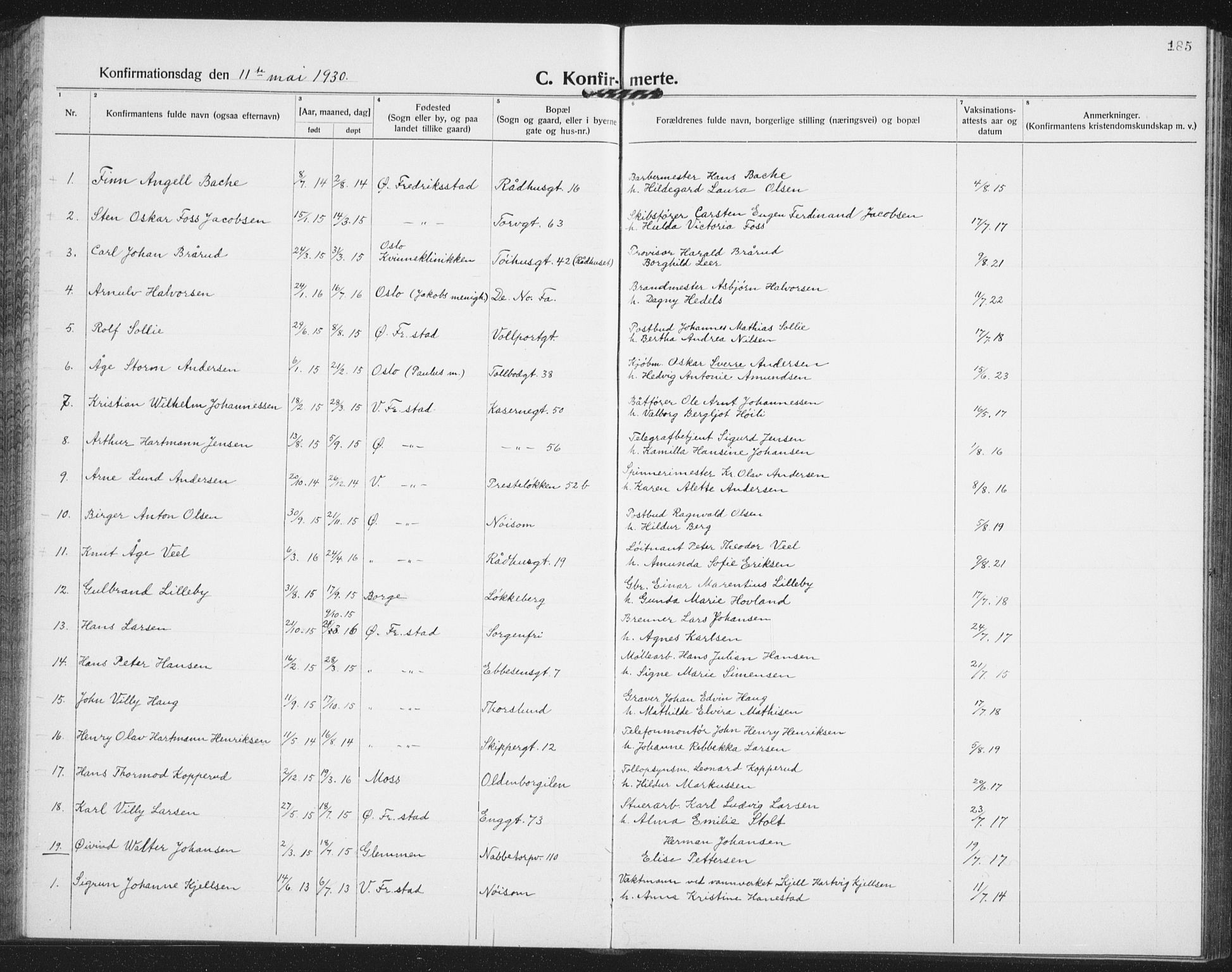 Østre Fredrikstad prestekontor Kirkebøker, SAO/A-10907/G/Ga/L0003: Parish register (copy) no. 3, 1920-1940, p. 185