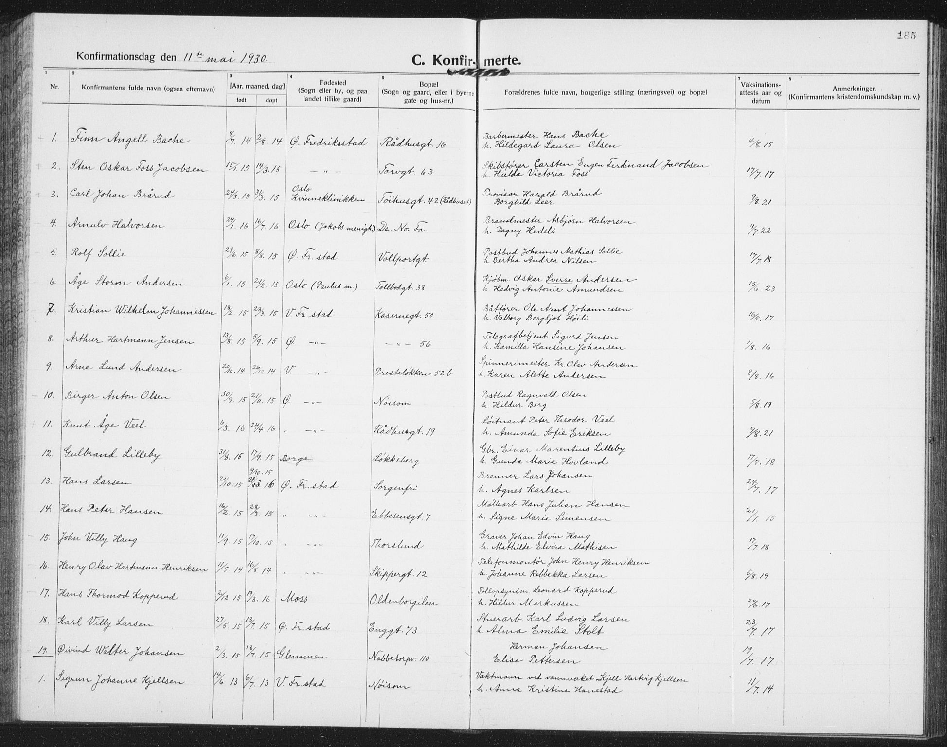 Østre Fredrikstad prestekontor Kirkebøker, AV/SAO-A-10907/G/Ga/L0003: Parish register (copy) no. 3, 1920-1940, p. 185