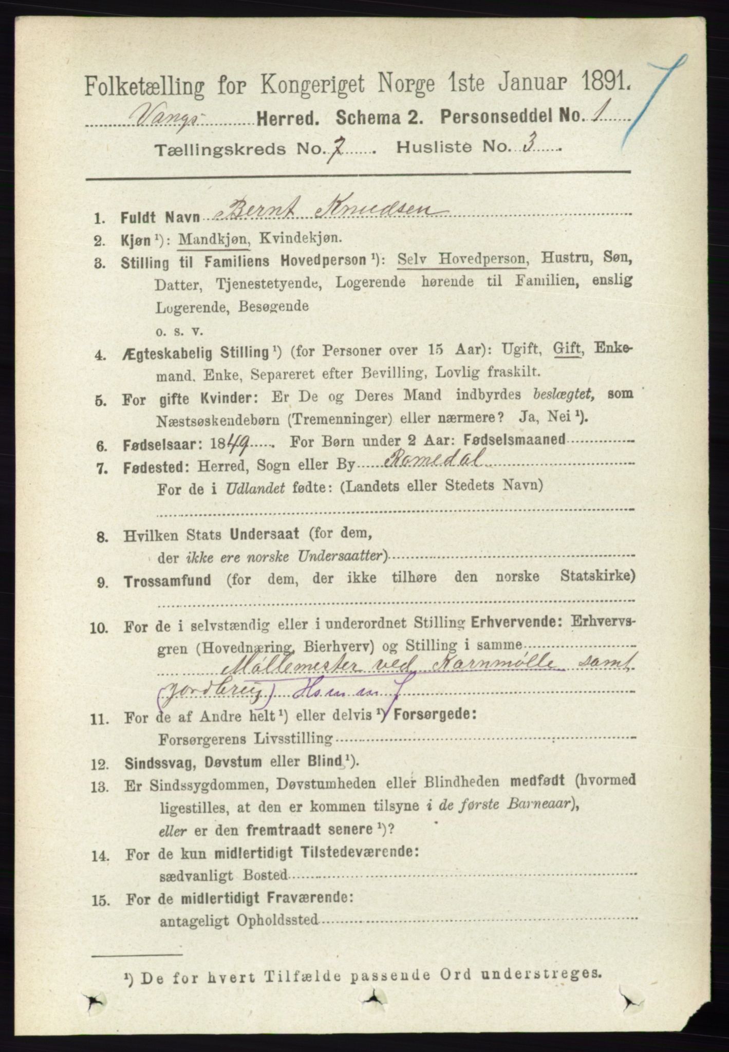 RA, 1891 census for 0414 Vang, 1891, p. 5039