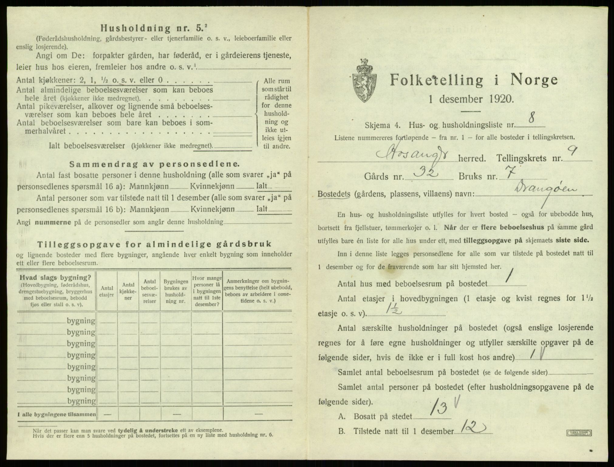 SAB, 1920 census for Hosanger, 1920, p. 503