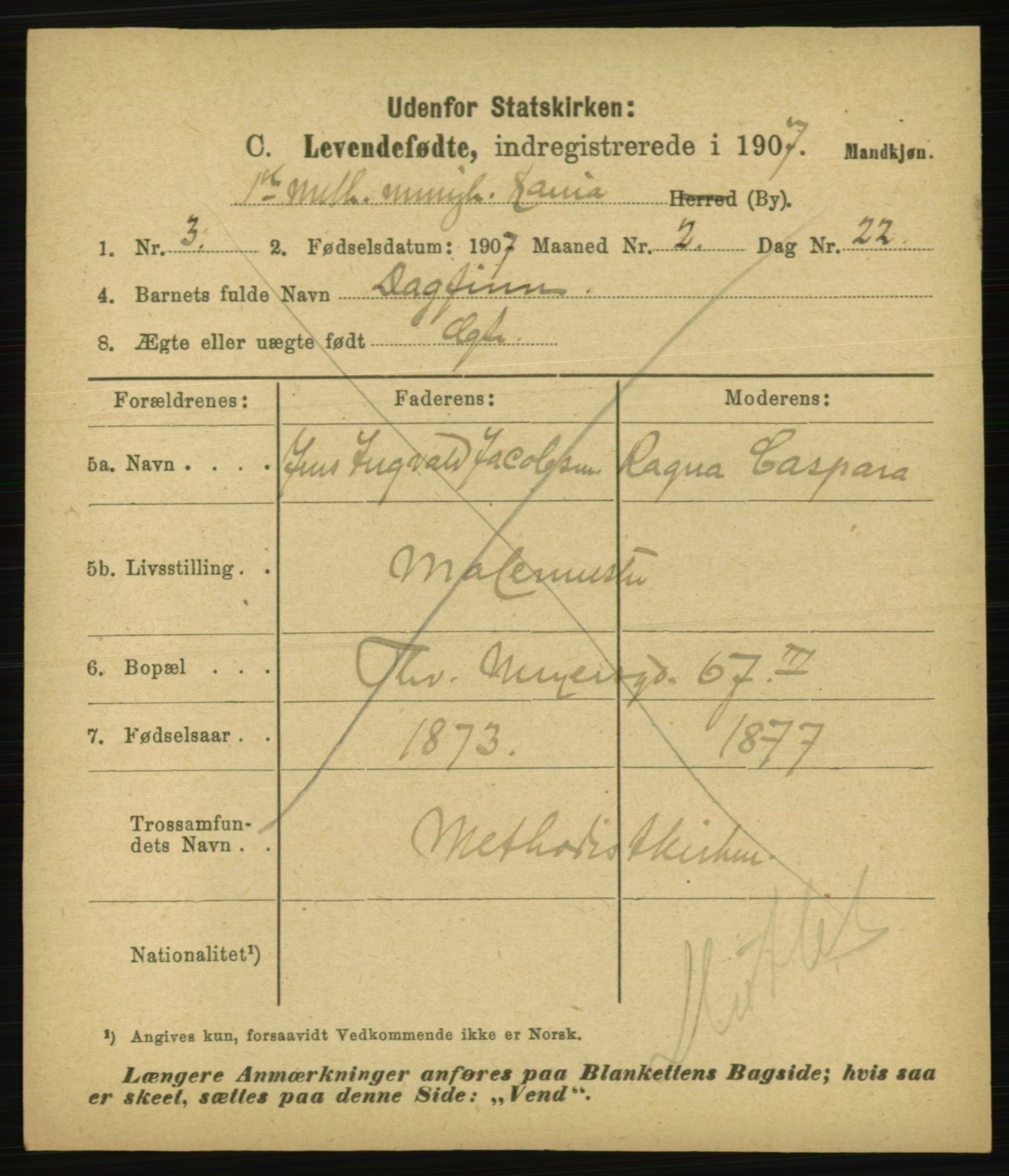 Statistisk sentralbyrå, Sosiodemografiske emner, Befolkning, AV/RA-S-2228/E/L0005: Fødte, gifte, døde dissentere., 1907, p. 3063